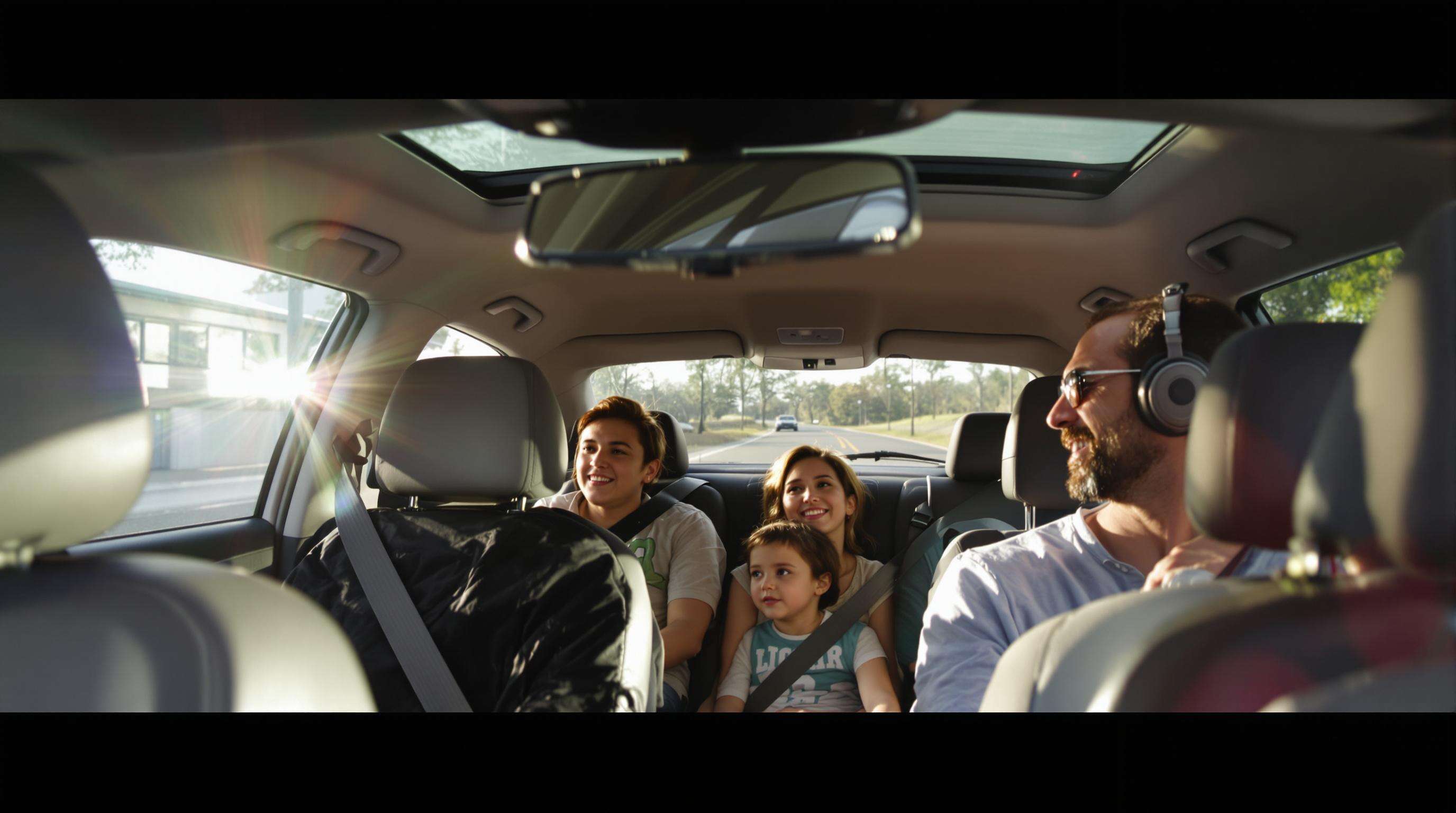 A family sitting comfortably in a car interior with clean air and sunlight, representing improved air quality from low-VOC leather kits