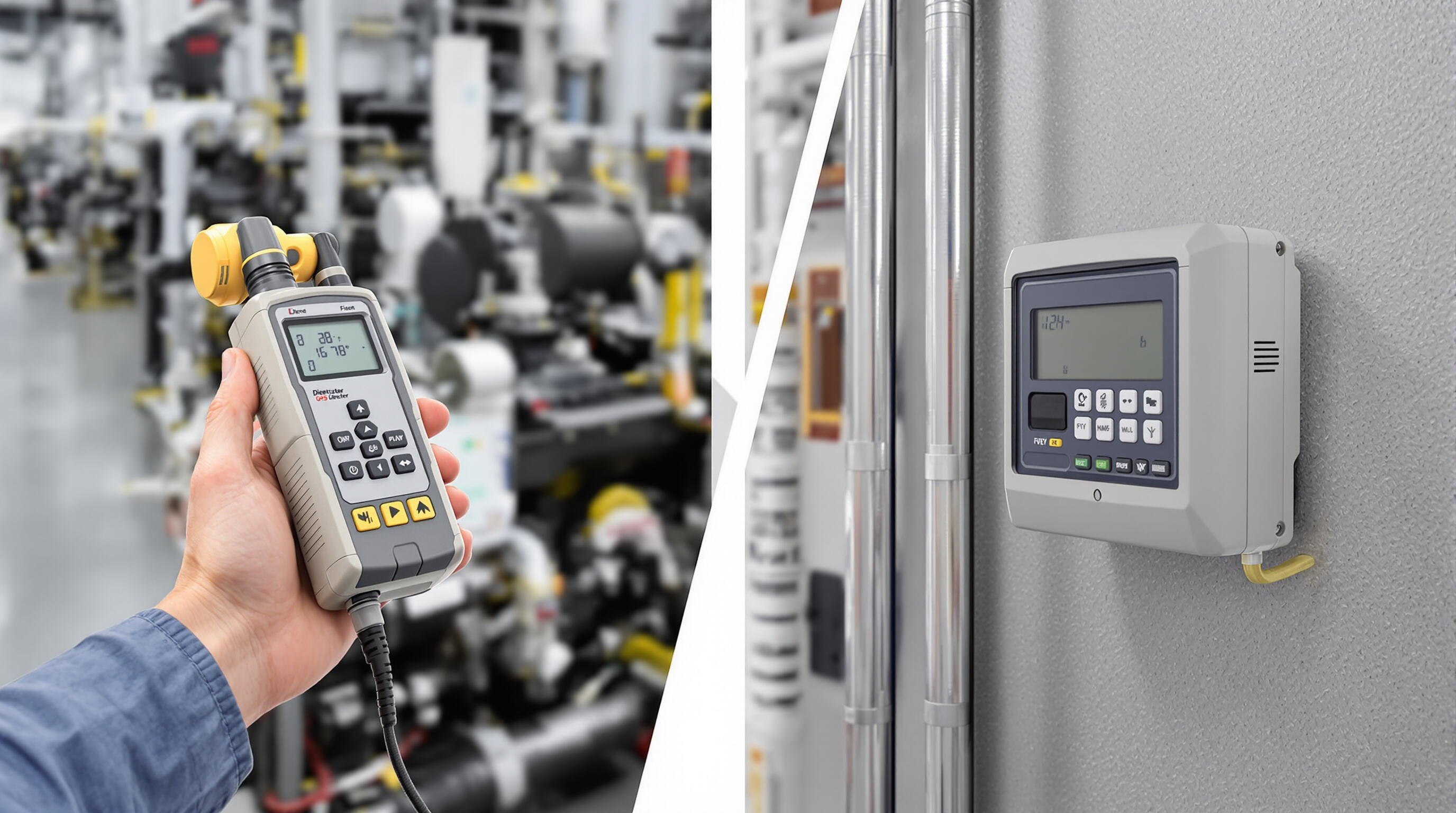 A worker using a handheld portable gas detector next to a fixed, wall-mounted detector in an industrial facility.