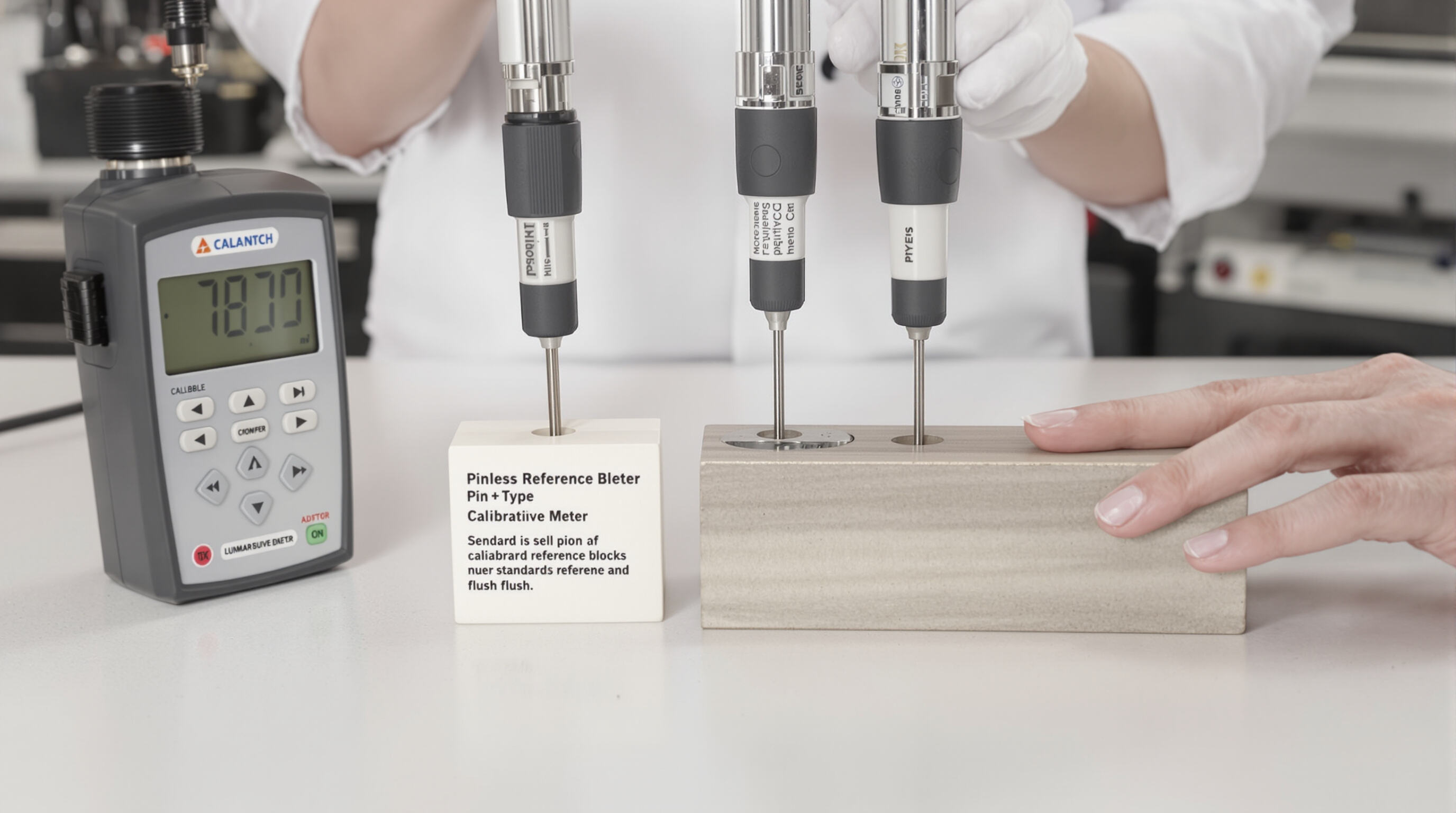 Technician calibrating pin and pinless moisture meters side by side on a laboratory tabletop