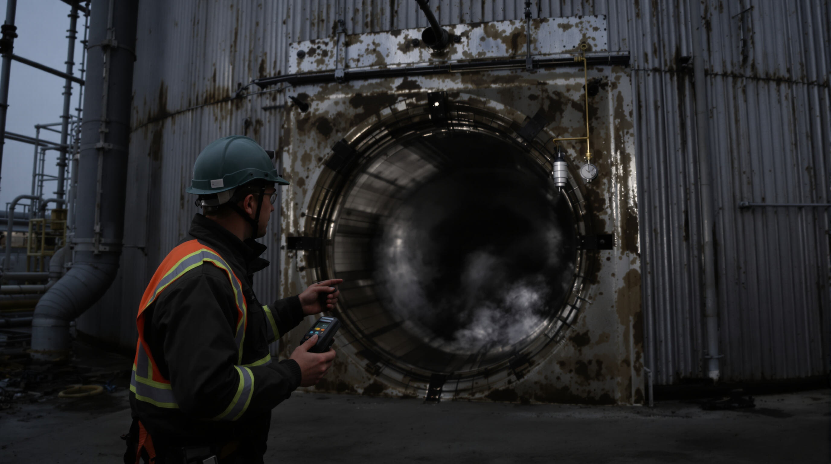 Industrial worker using a handheld detector to check atmosphere at the entrance to a confined storage tank.