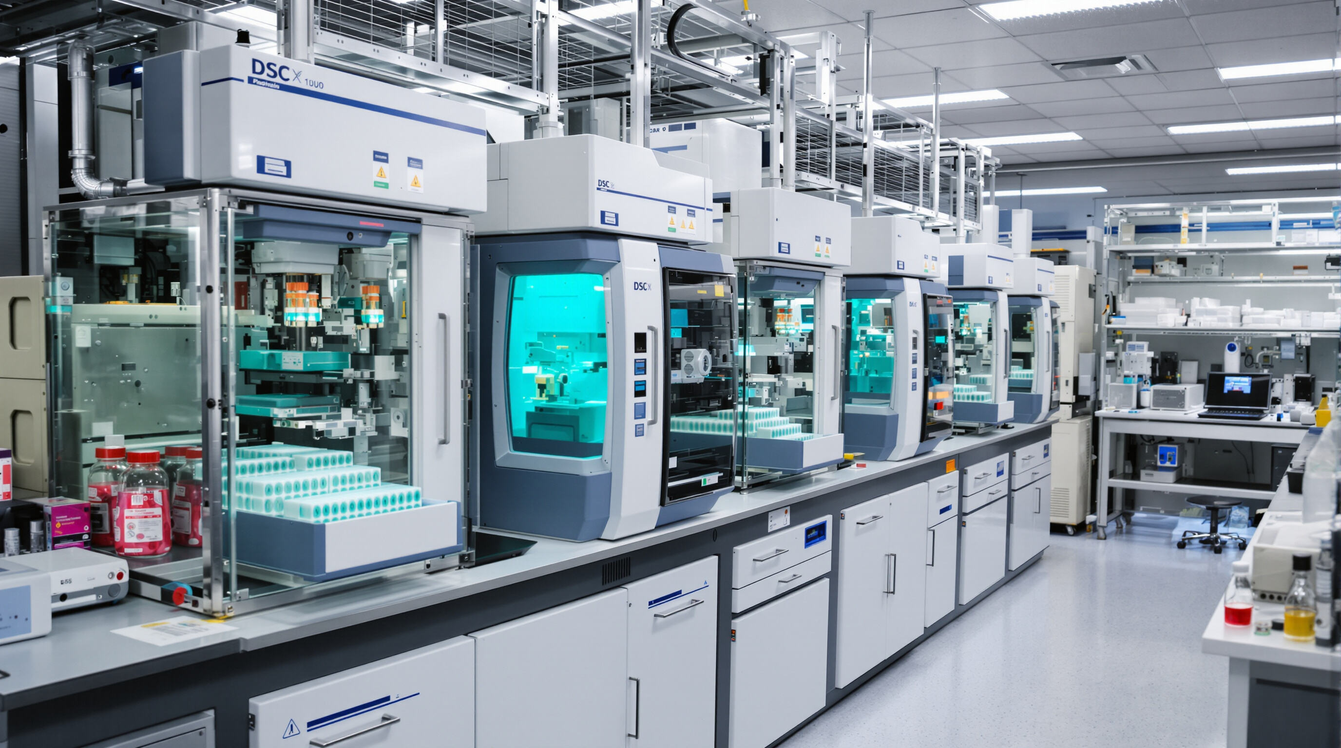 Robotic autosamplers and DSC machines processing multiple samples in a well-lit, modern lab.