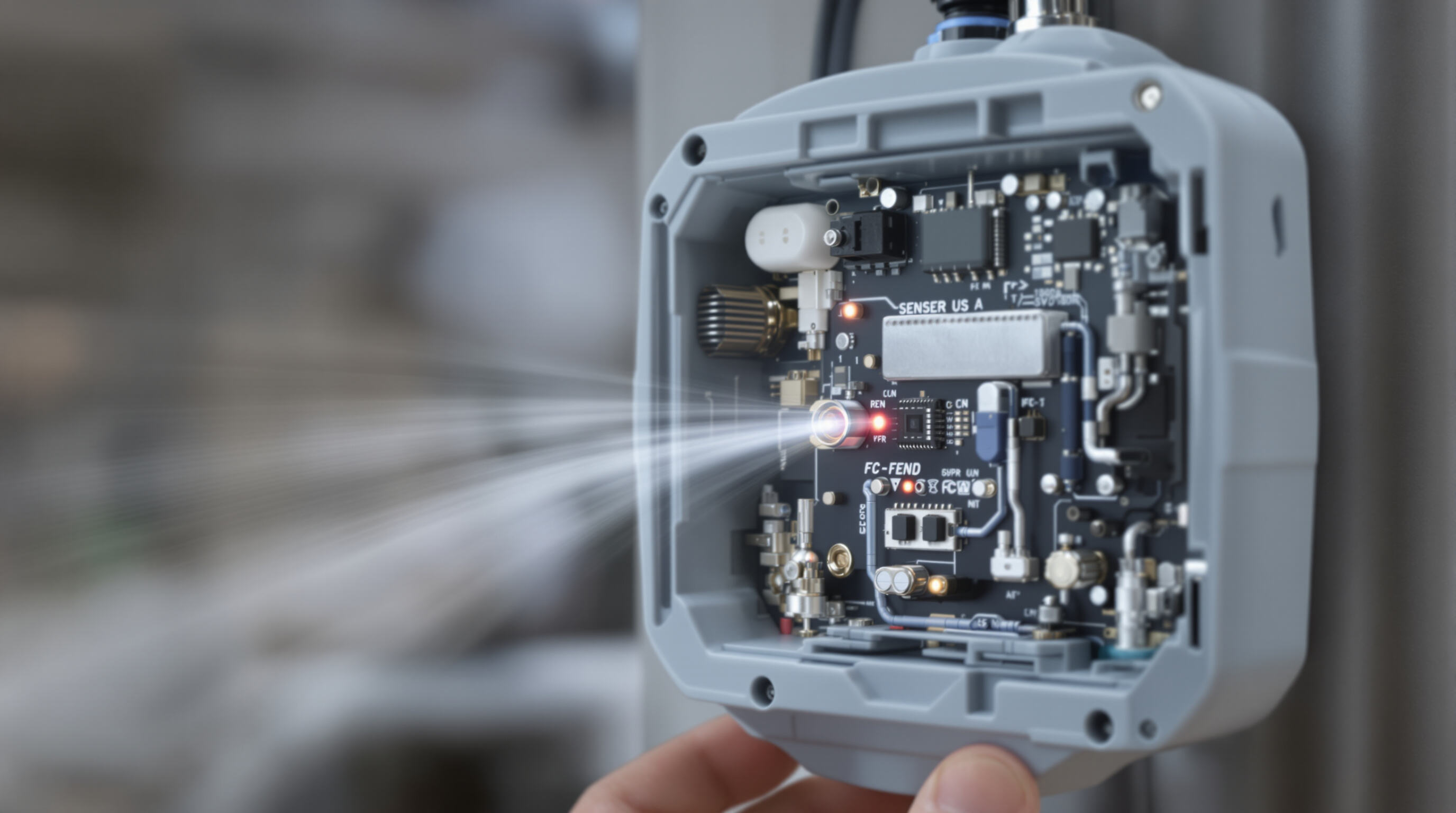 Photorealistic cross-section of a gas detector showing airflow, sensors, and internal circuitry with alarm lights.