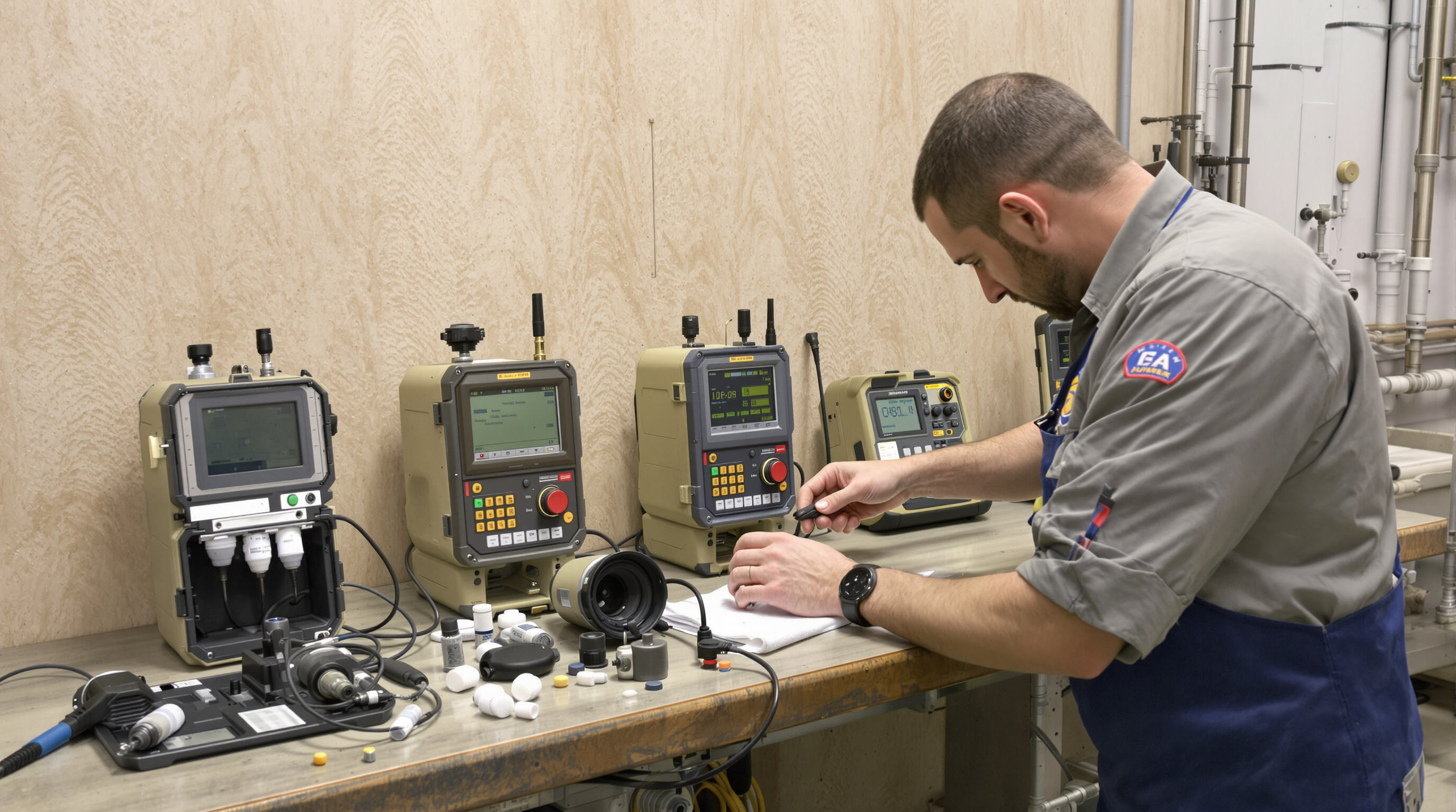 Technician calibrating gas detectors on a workbench with tools and replacement sensors in a muted environment.
