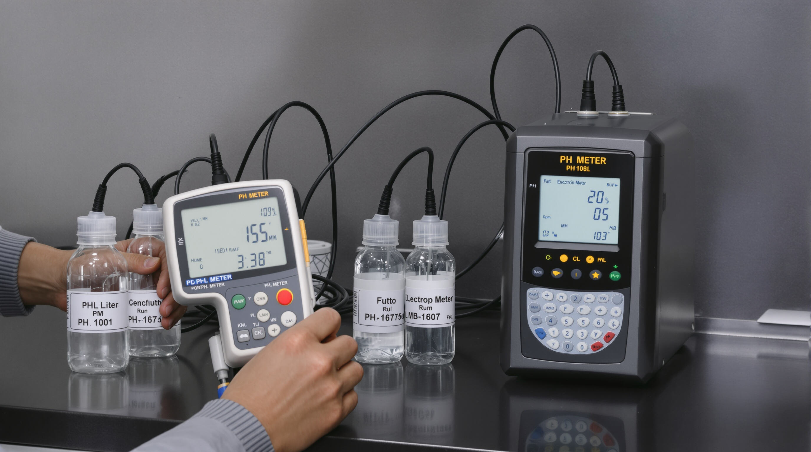 Lab technician comparing portable and benchtop pH meters with sample vials in a muted, professional lab setting