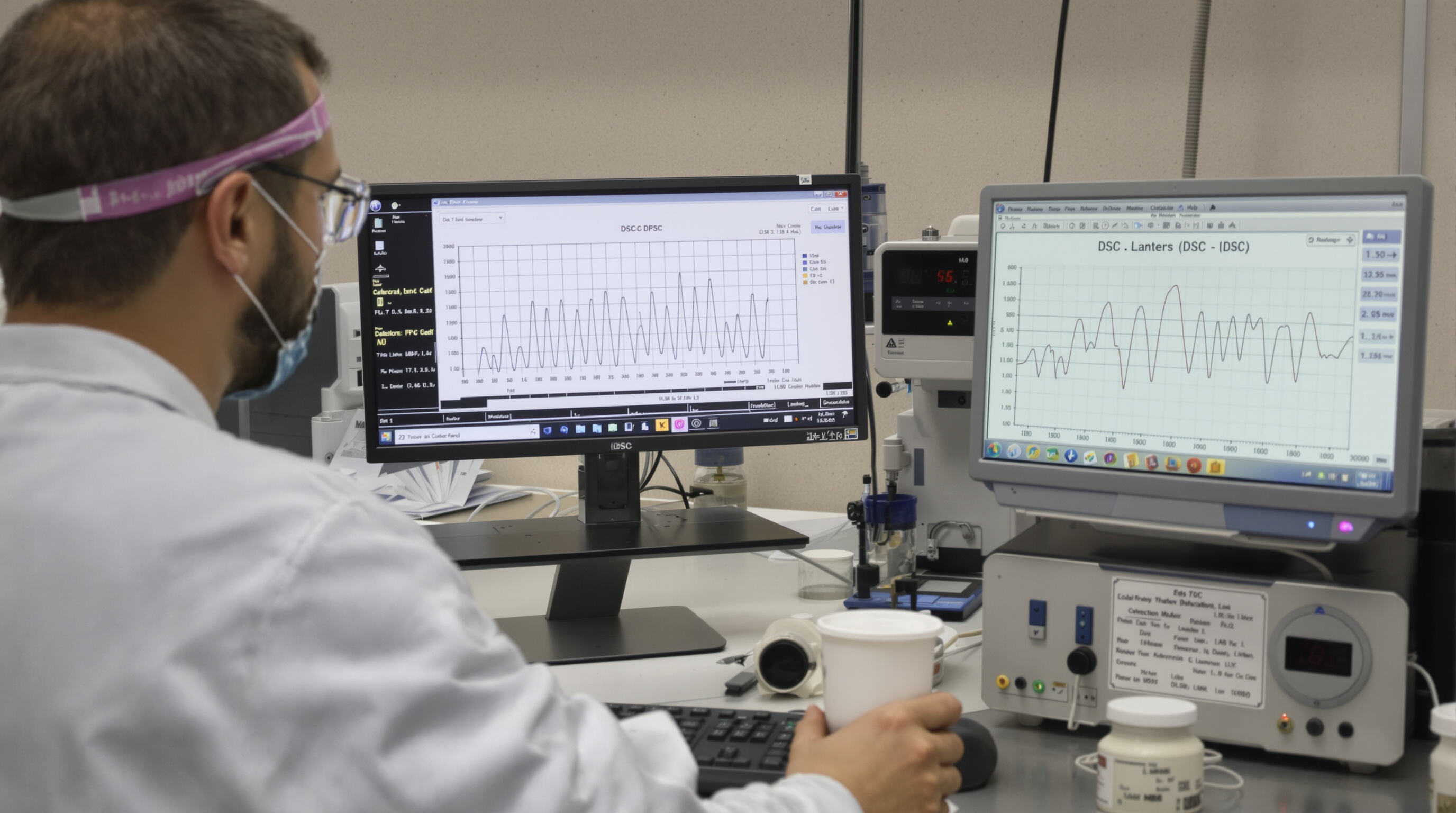 Scientist analyzing a DSC instrument and thermal analysis curve on a monitor with calibration samples