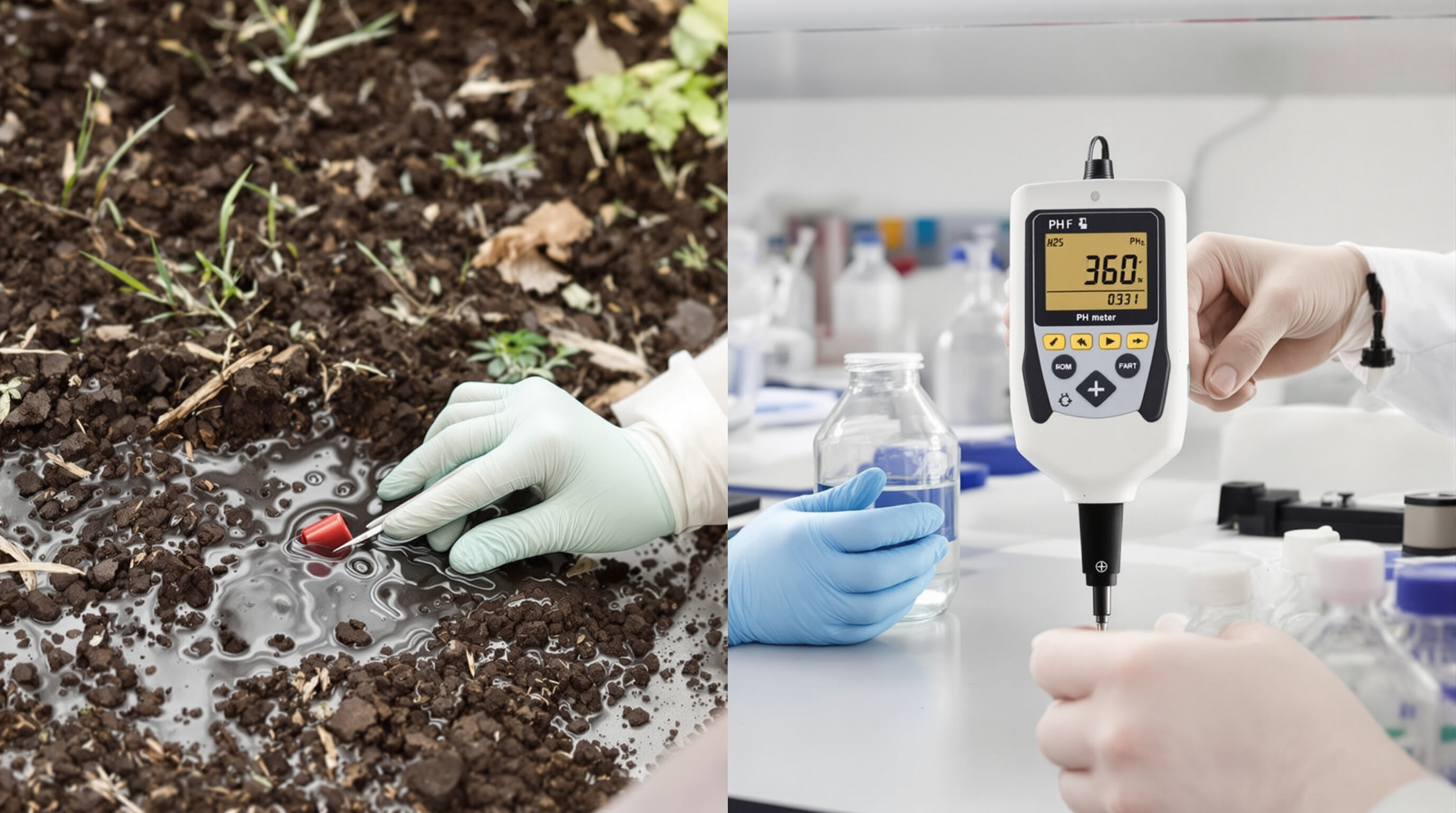 Side-by-side view of a portable pH meter in the field and a benchtop pH meter in a lab, each in context