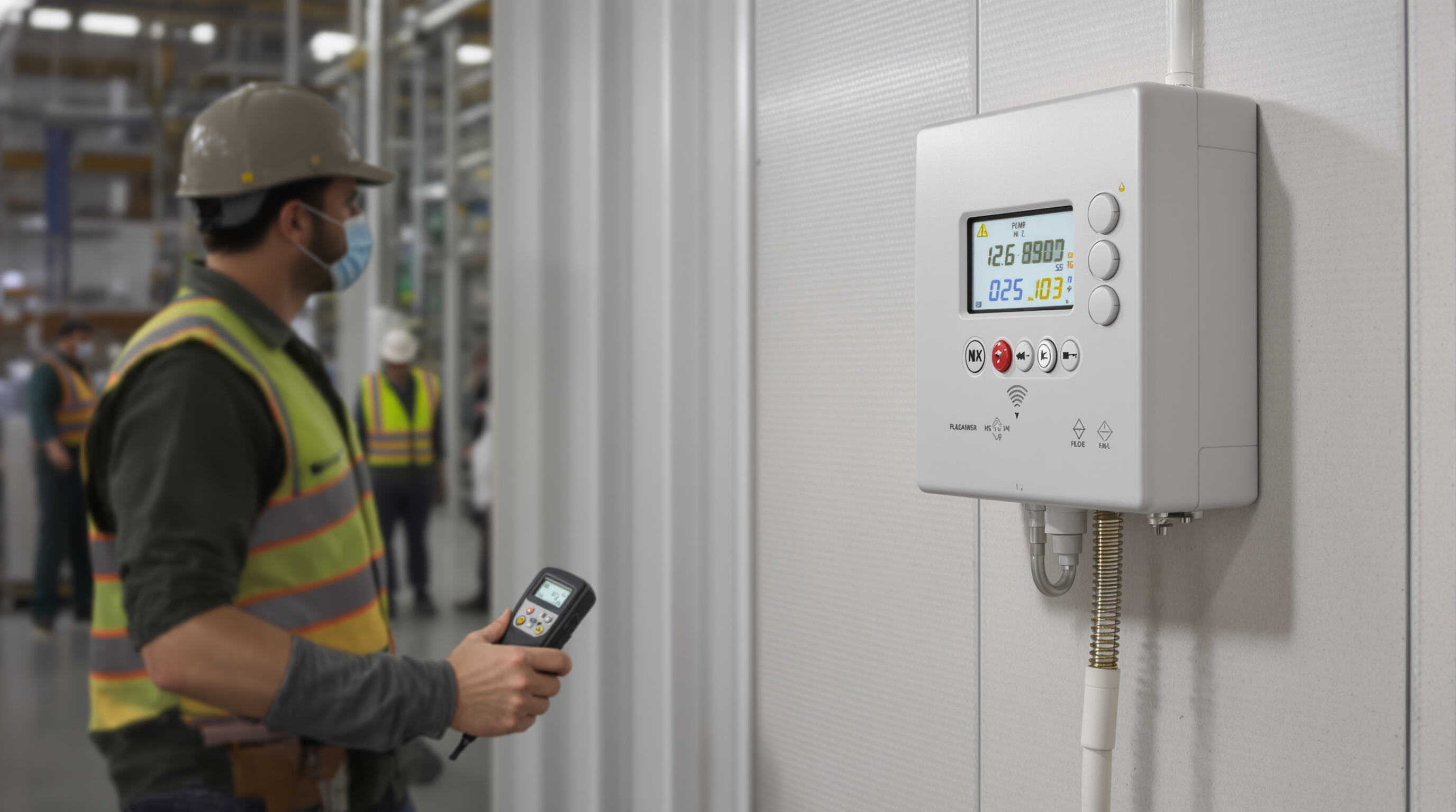 Worker with handheld gas detector near a large wall-mounted industrial gas detector in a factory
