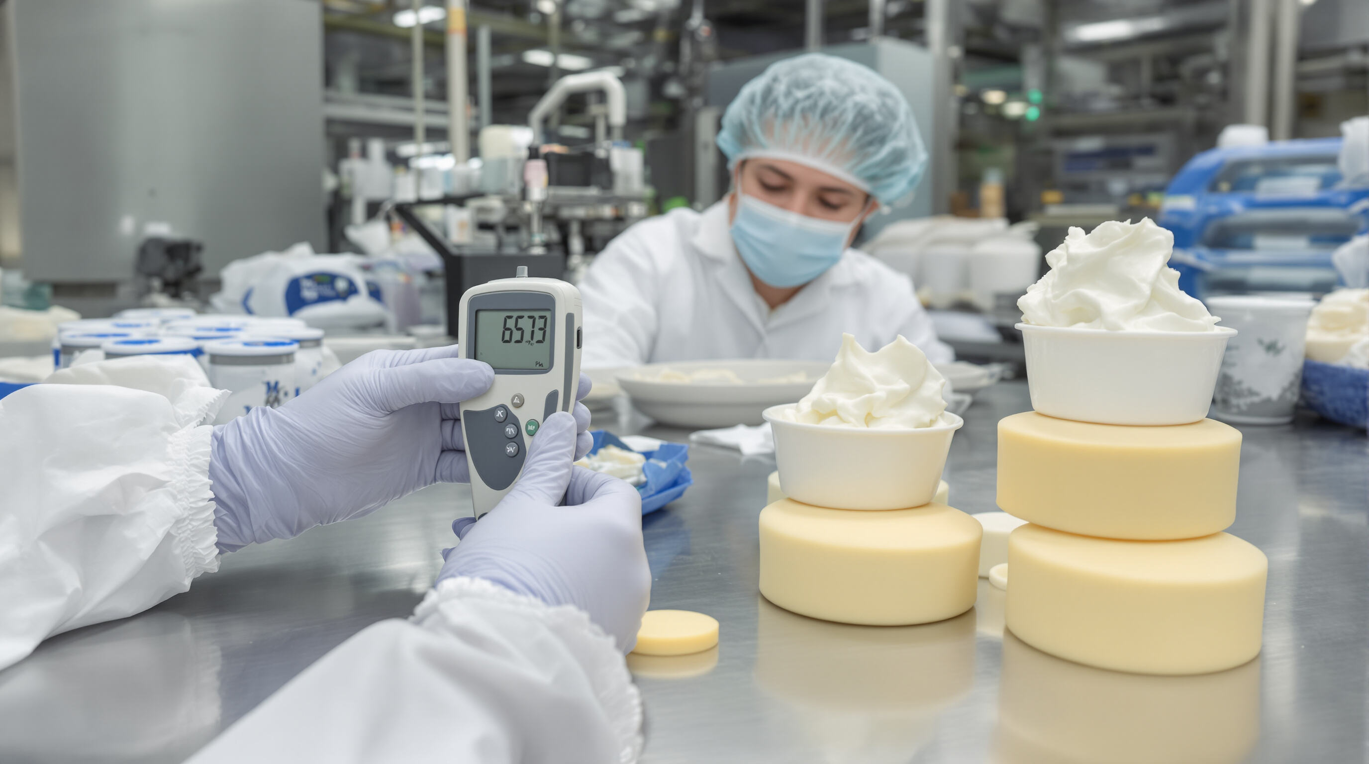 Lab technician calibrates a pH meter beside cheese, yogurt, and cosmetic samples in a clean, modern facility