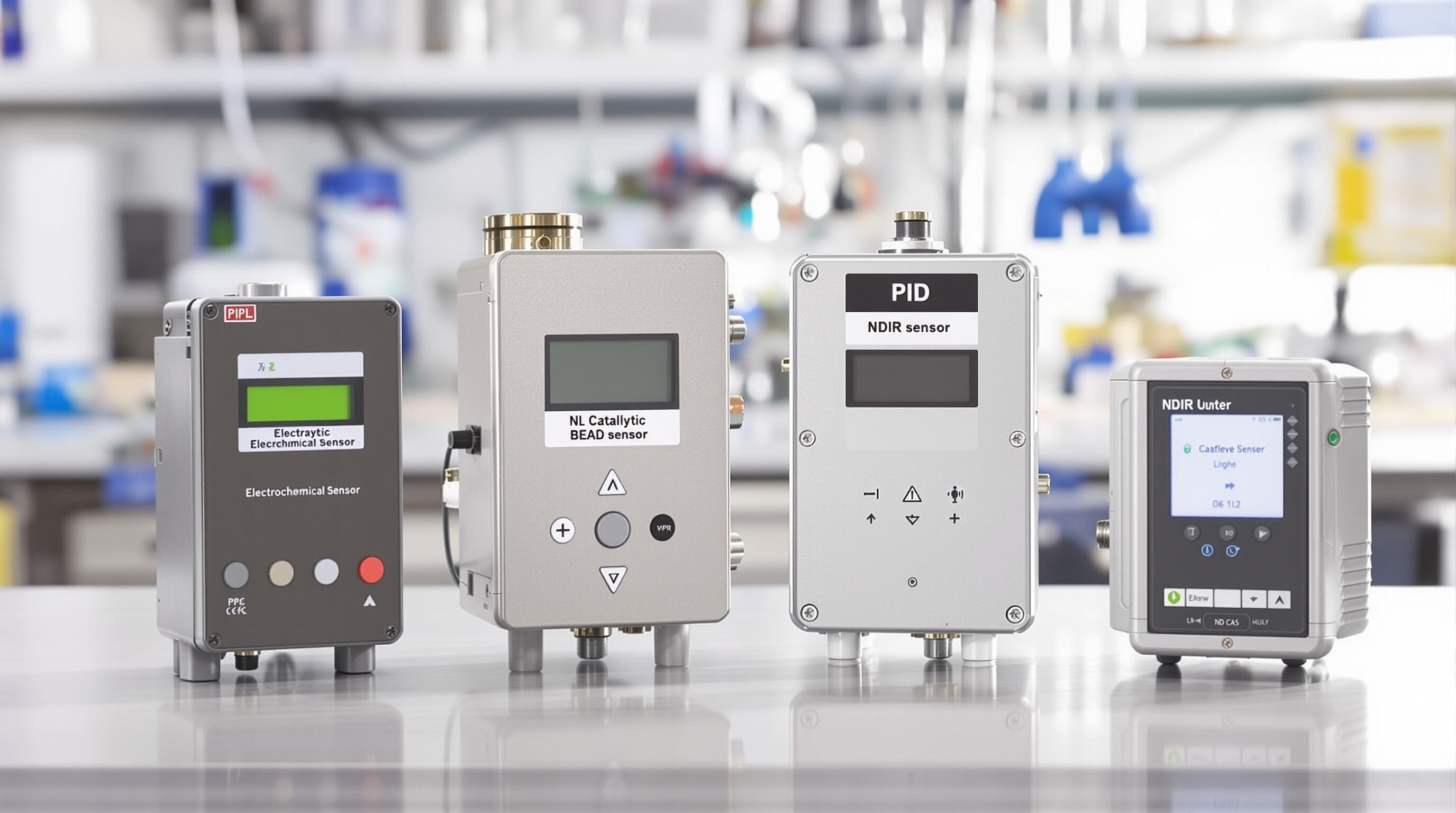 Four types of gas detection sensorsâ€”electrochemical, catalytic bead, NDIR, and PIDâ€”shown together on a laboratory workbench.