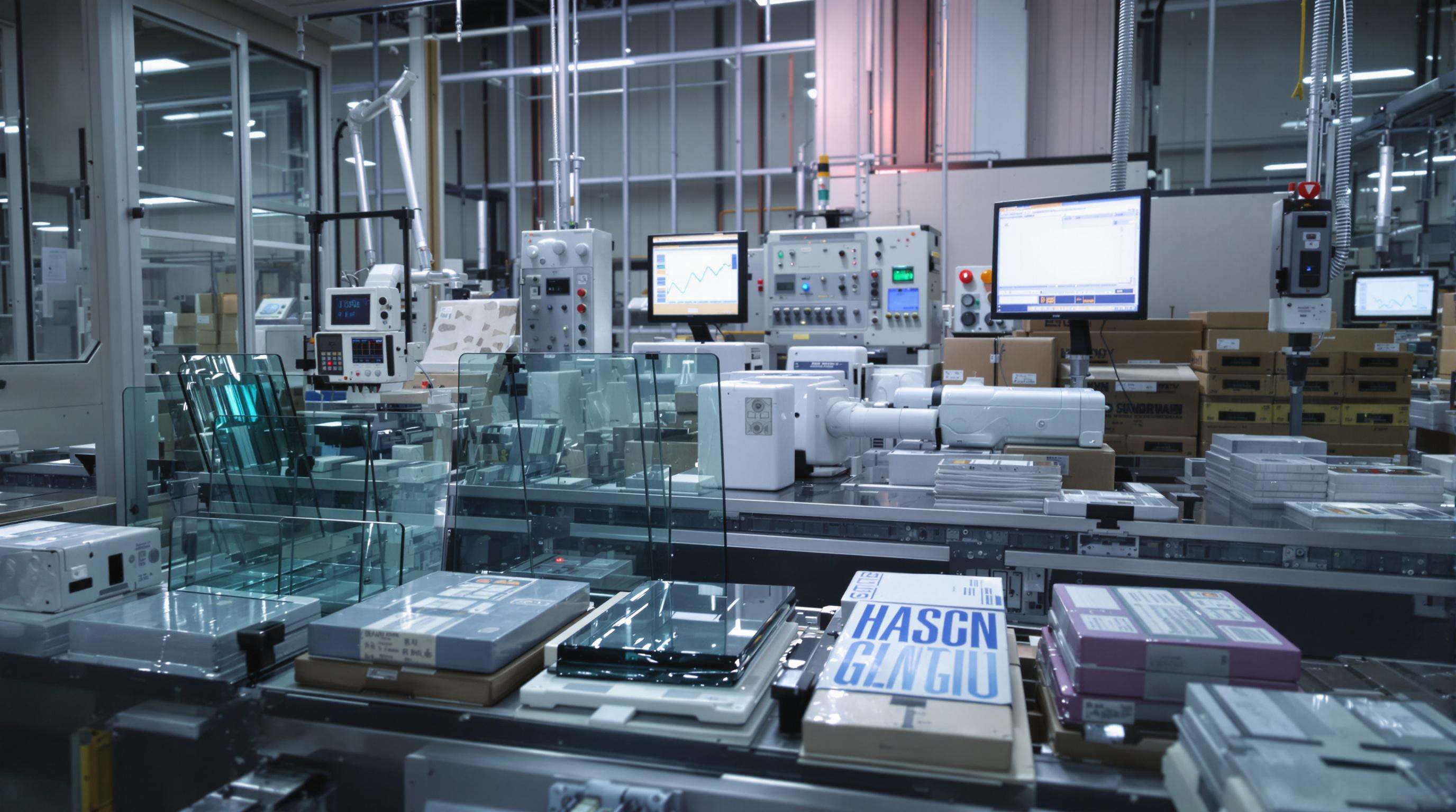 Technicians using haze meters to inspect materials on a factory quality control line