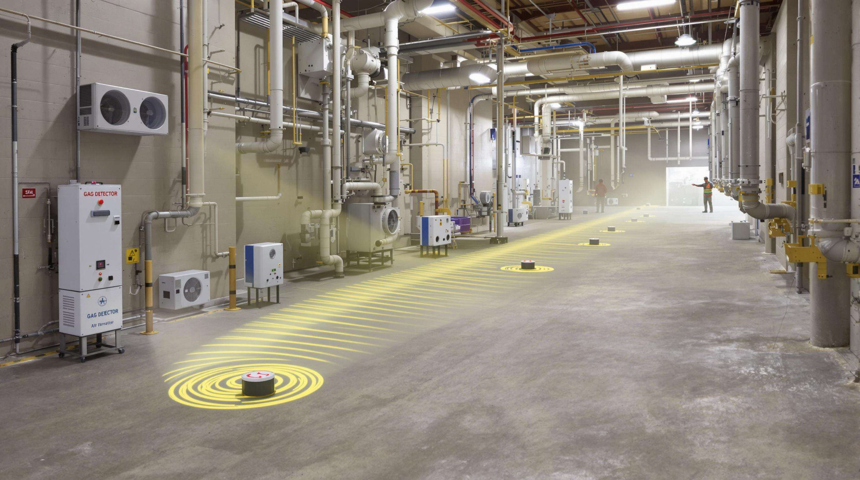 Industrial facility with strategically placed multi-gas detectors in high-risk zones, showing airflow patterns and sensor monitoring