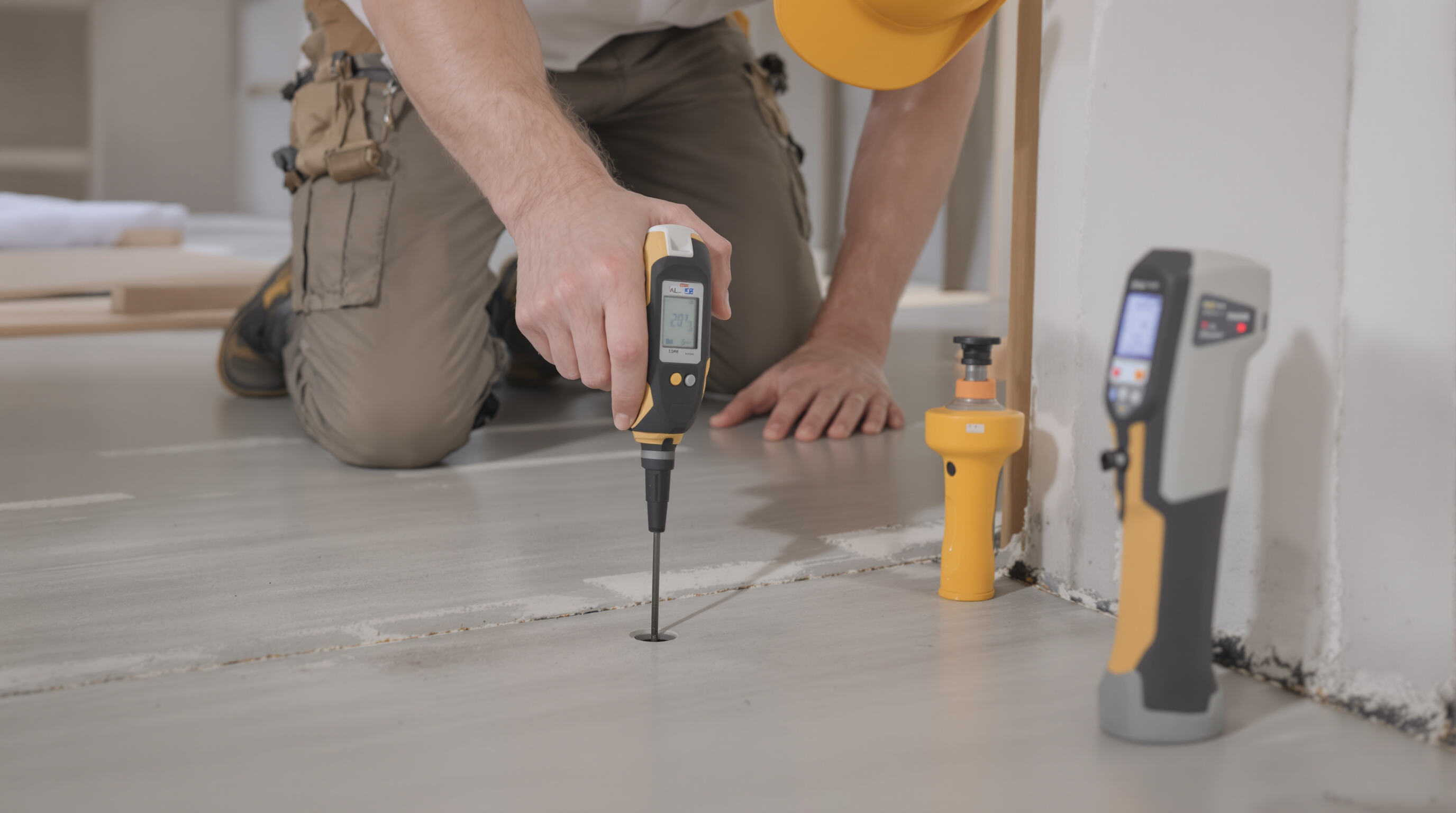 Technician testing concrete slab moisture with a probe and scanning drywall for hidden moisture.