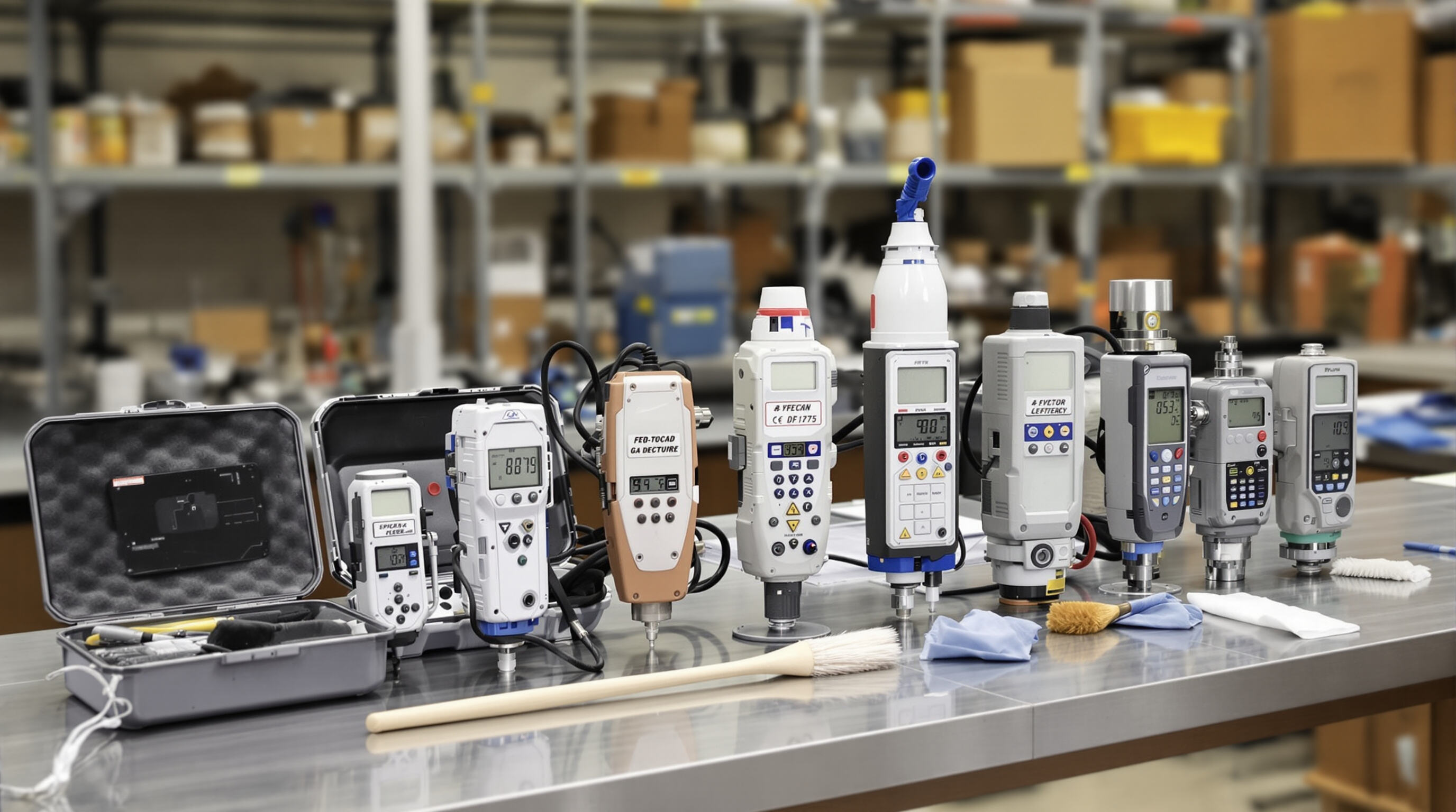 Gas detectors on a workbench with inspection tools and filter caps in a lab environment