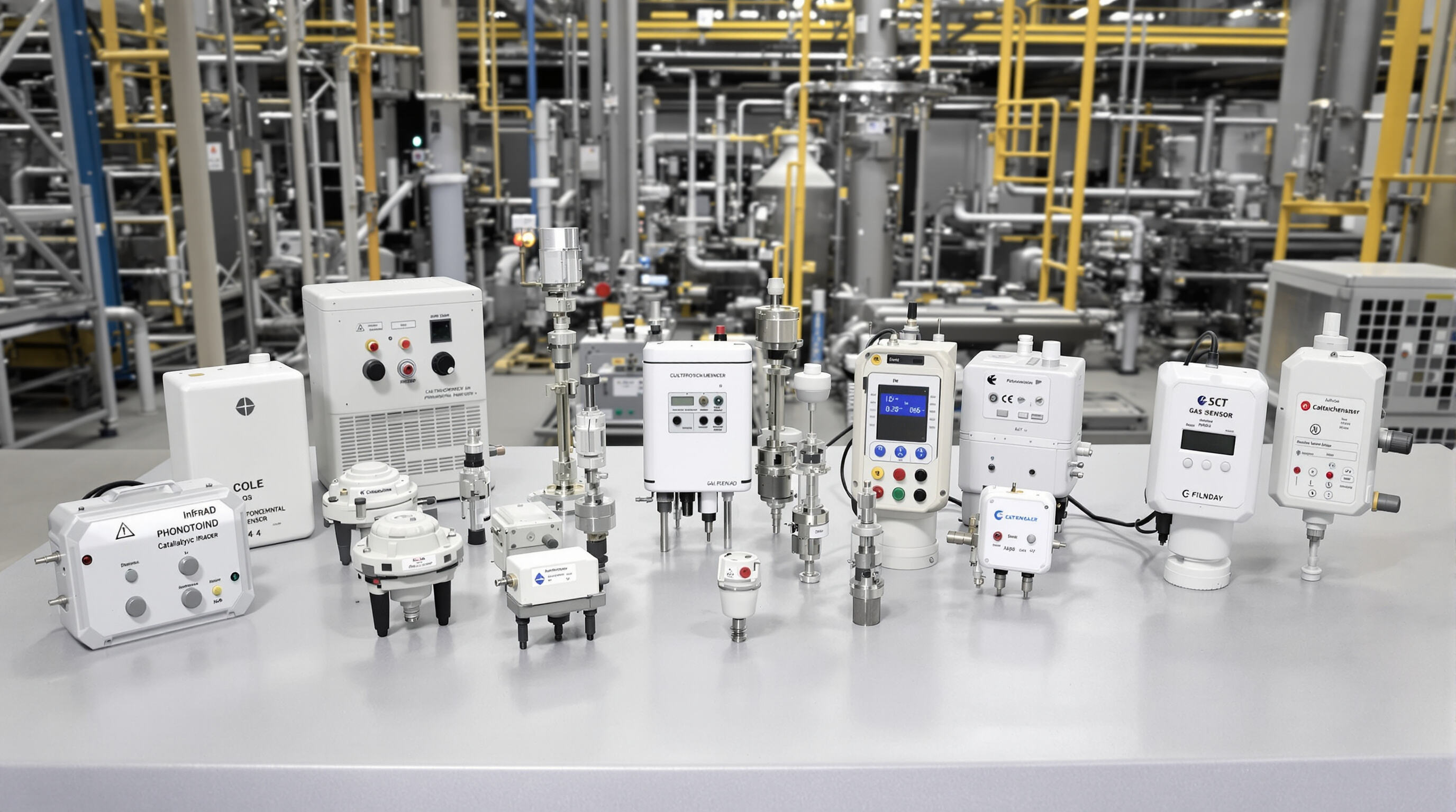 Collection of different industrial gas sensor types displayed on a laboratory table in a refinery environment.
