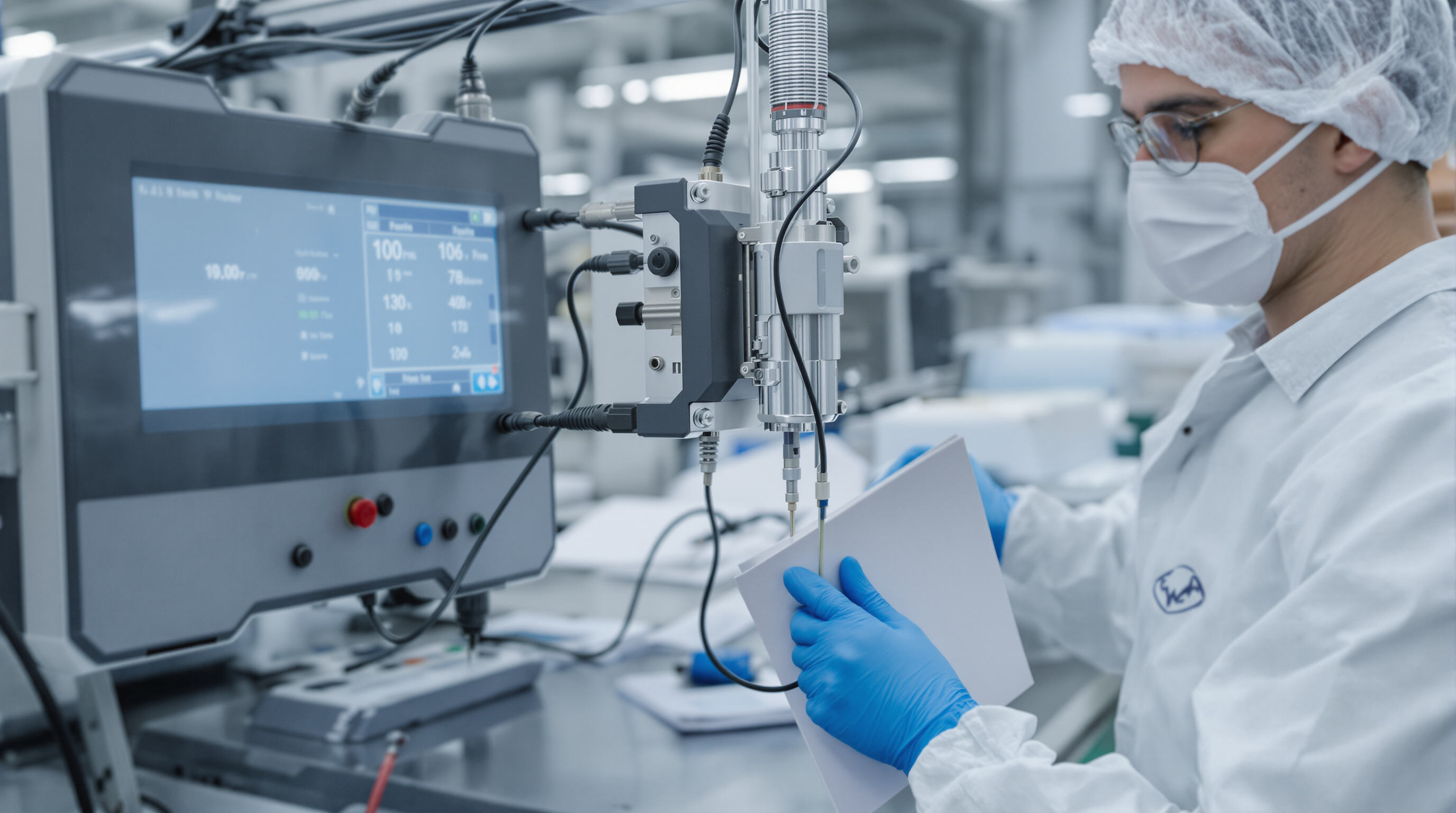 Technician calibrating an industrial moisture sensor with reference equipment in a laboratory setting