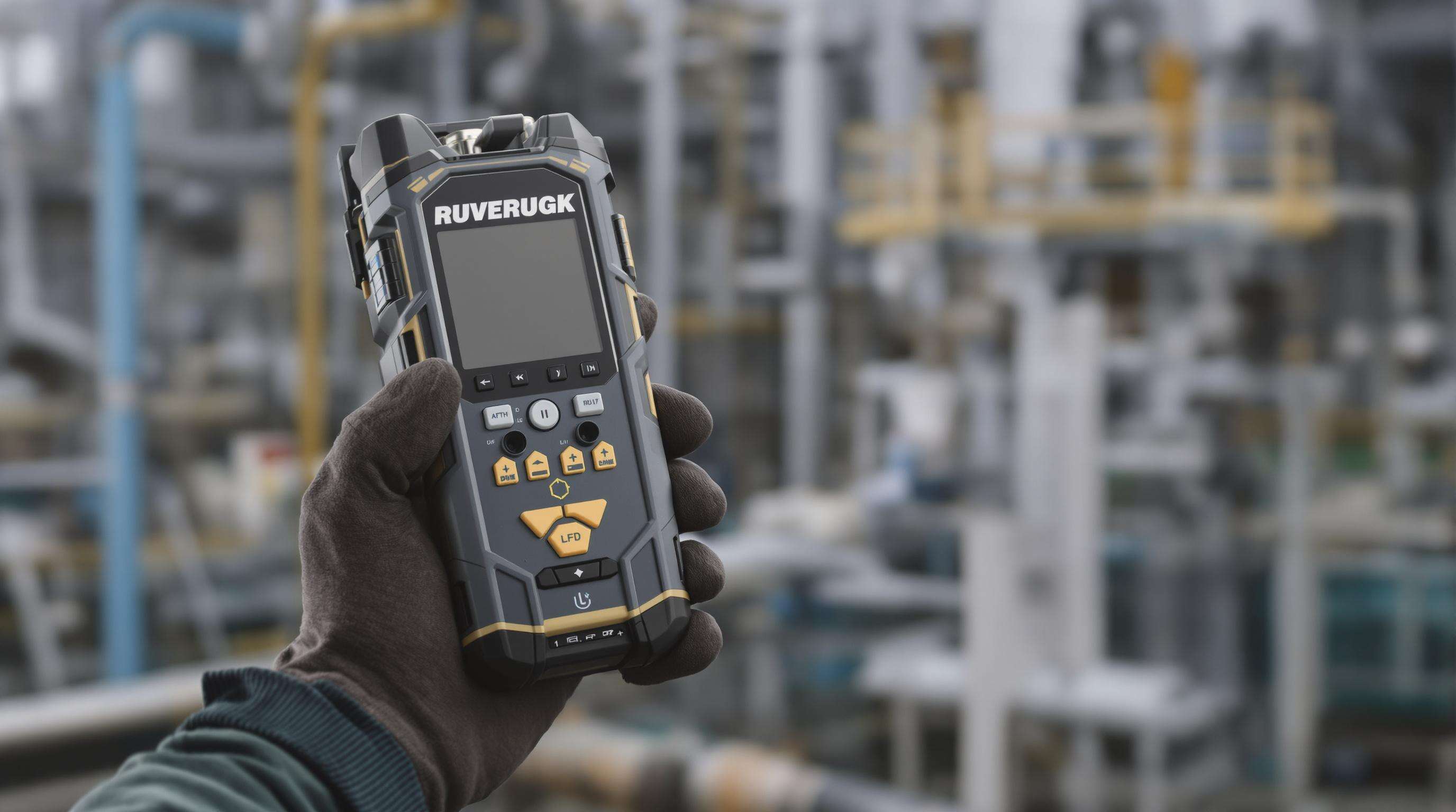A gloved technician holding a modern portable gas detector with multiple sensors, industrial tanks and pipes in the background.