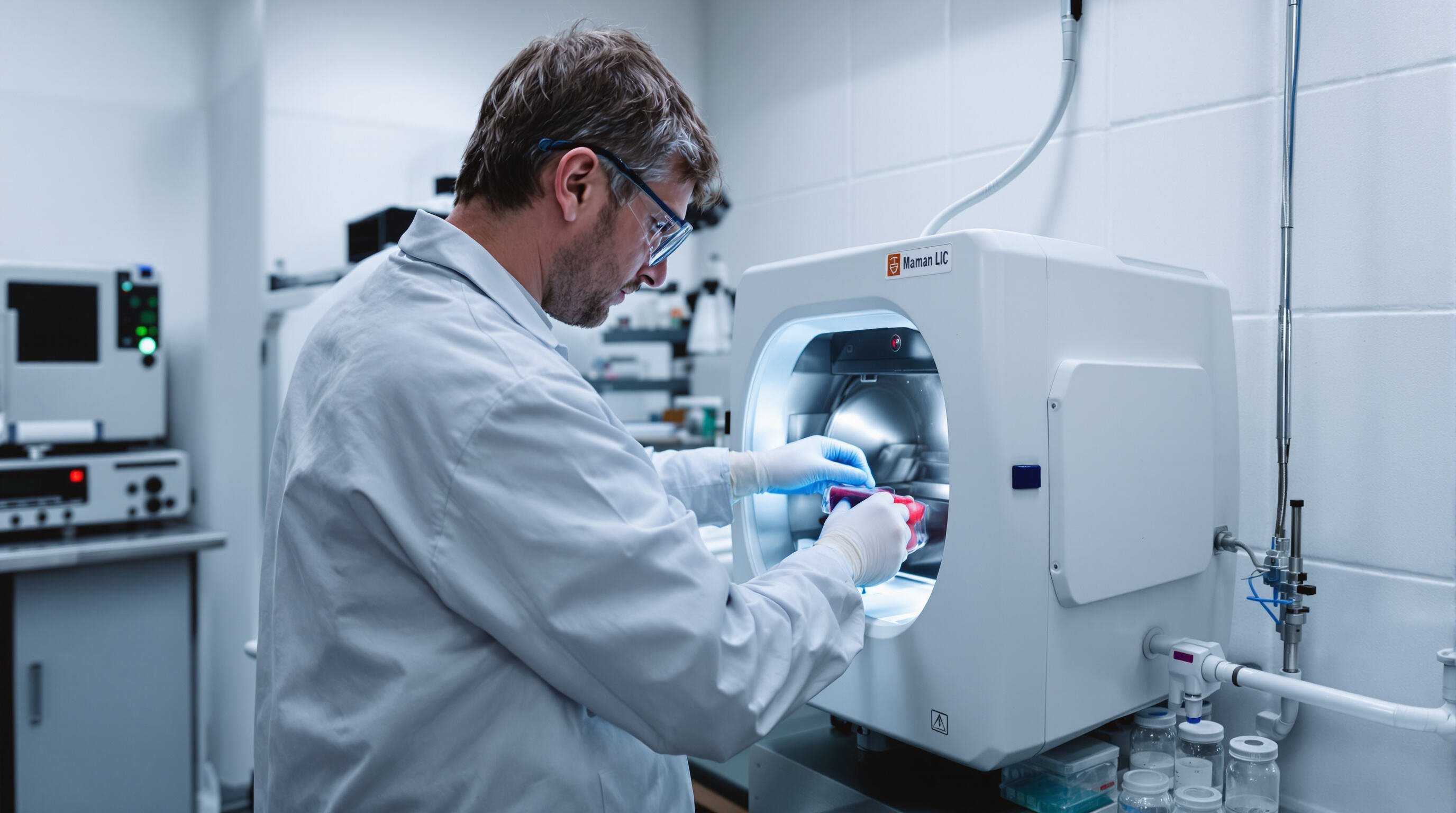 A lab technician loading polymer samples into a DSC instrument with sealed containers in a modern laboratory.