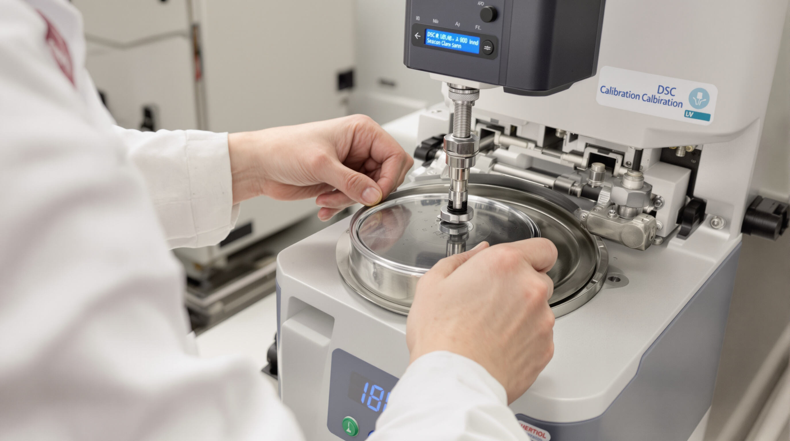 Photorealistic image of scientist calibrating DSC instrument with indium standards and sample pan in a lab.