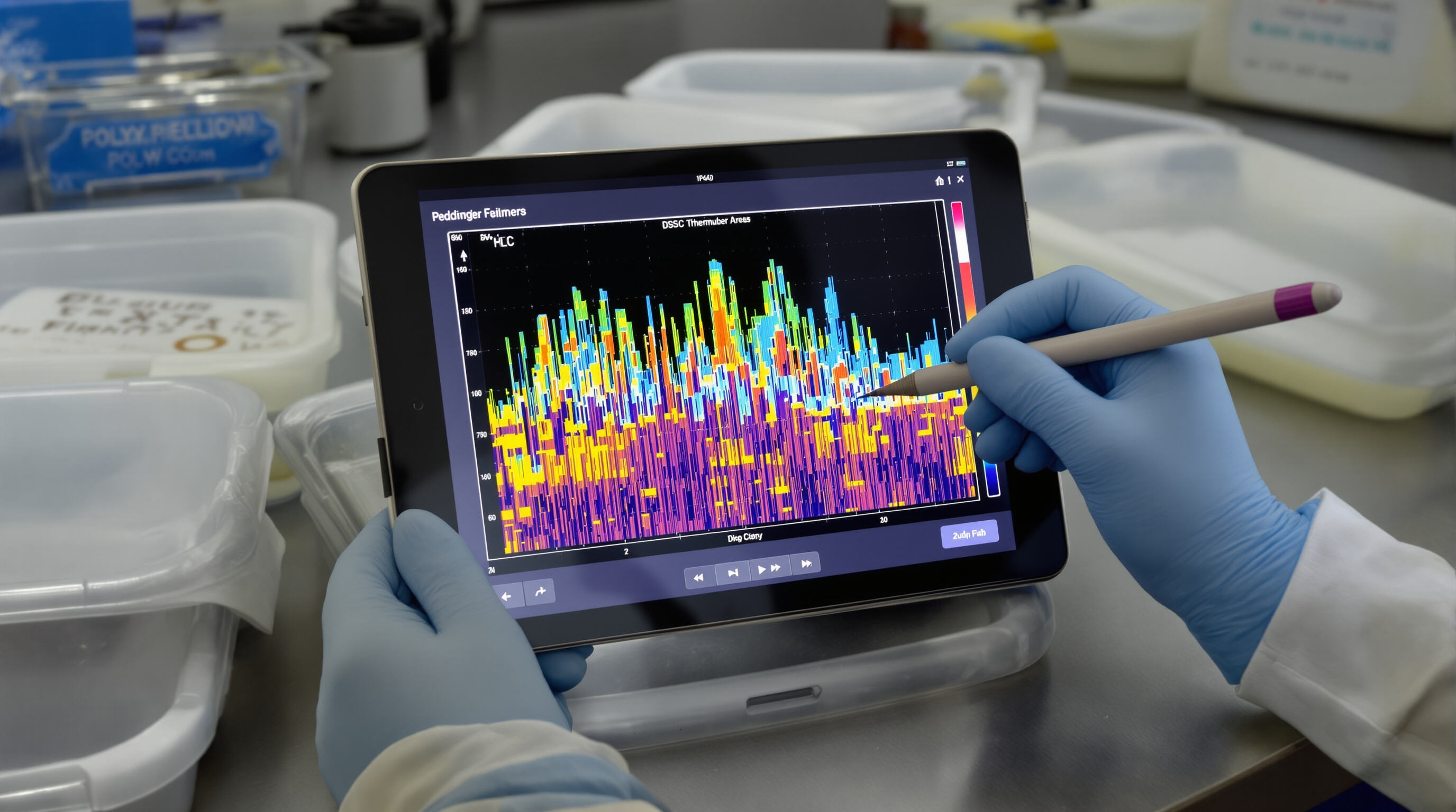 Hands analyzing a DSC curve on a tablet to measure enthalpy and crystallinity, with polymer samples nearby