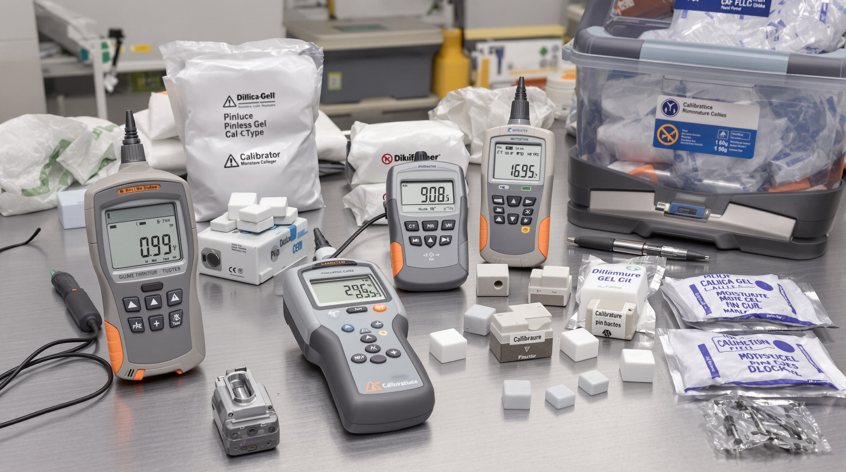 Close-up photo of moisture meters and calibration blocks on a workbench with environmental controls