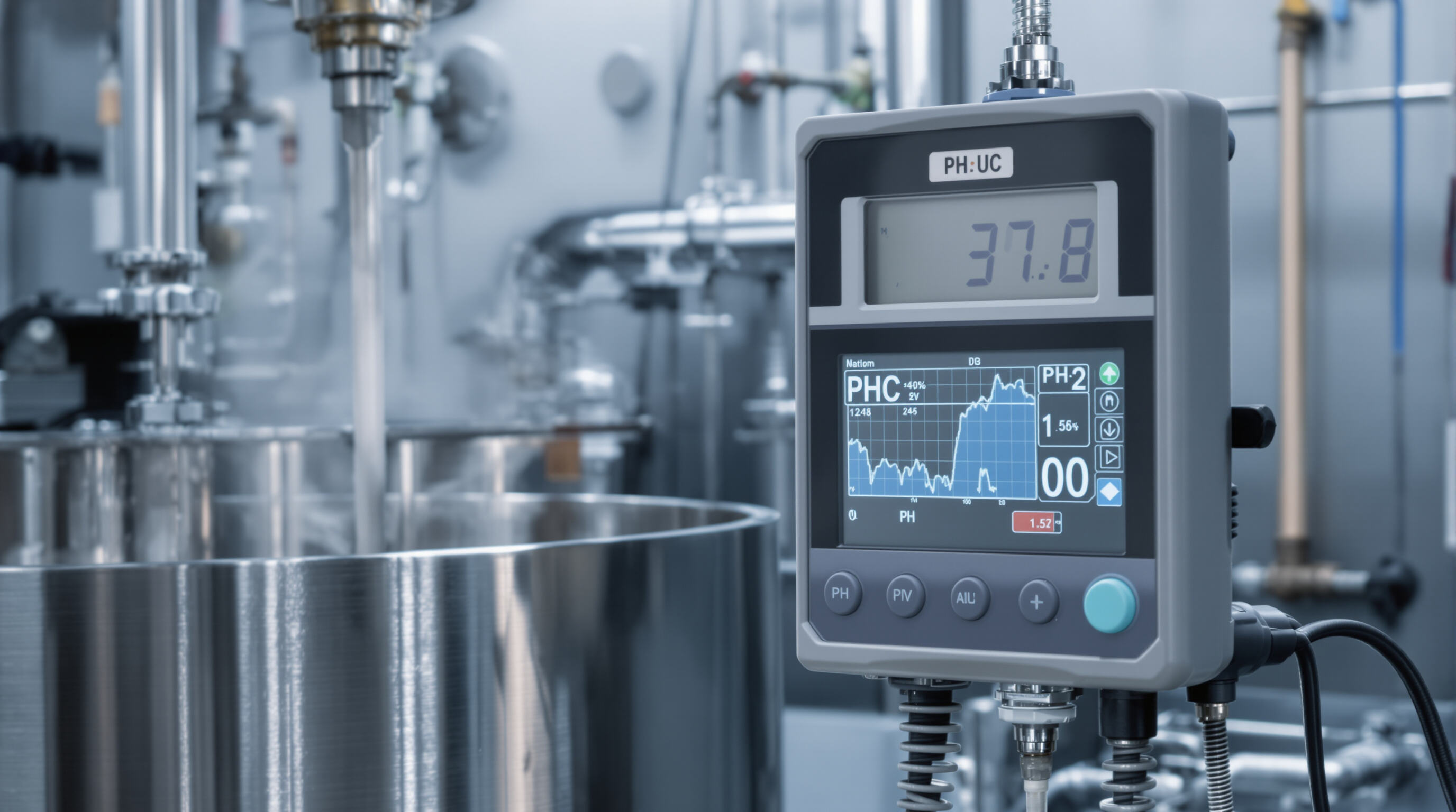 Modern pH meter with temperature probe monitoring a process vessel in an industrial environment with steam and control equipment.