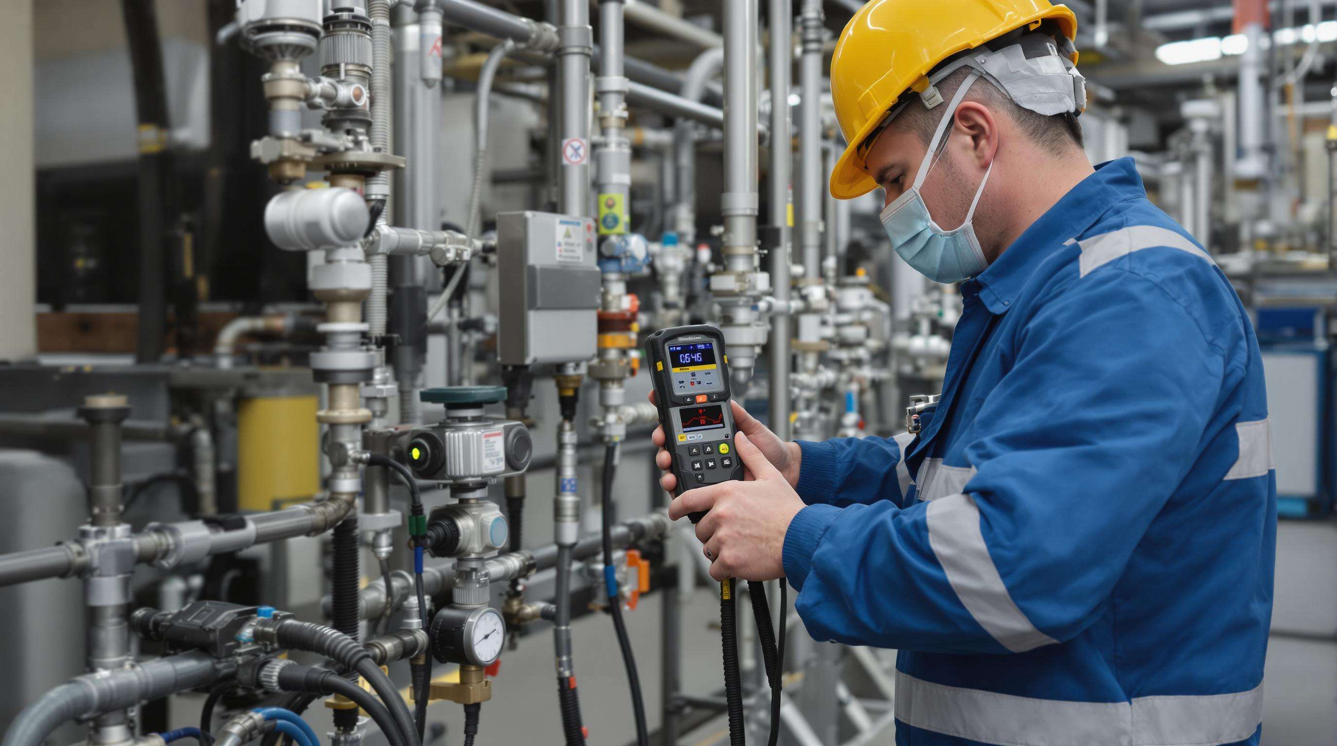 Technician calibrating multi-gas detectors in an industrial environment, emphasizing OSHA-compliant procedures