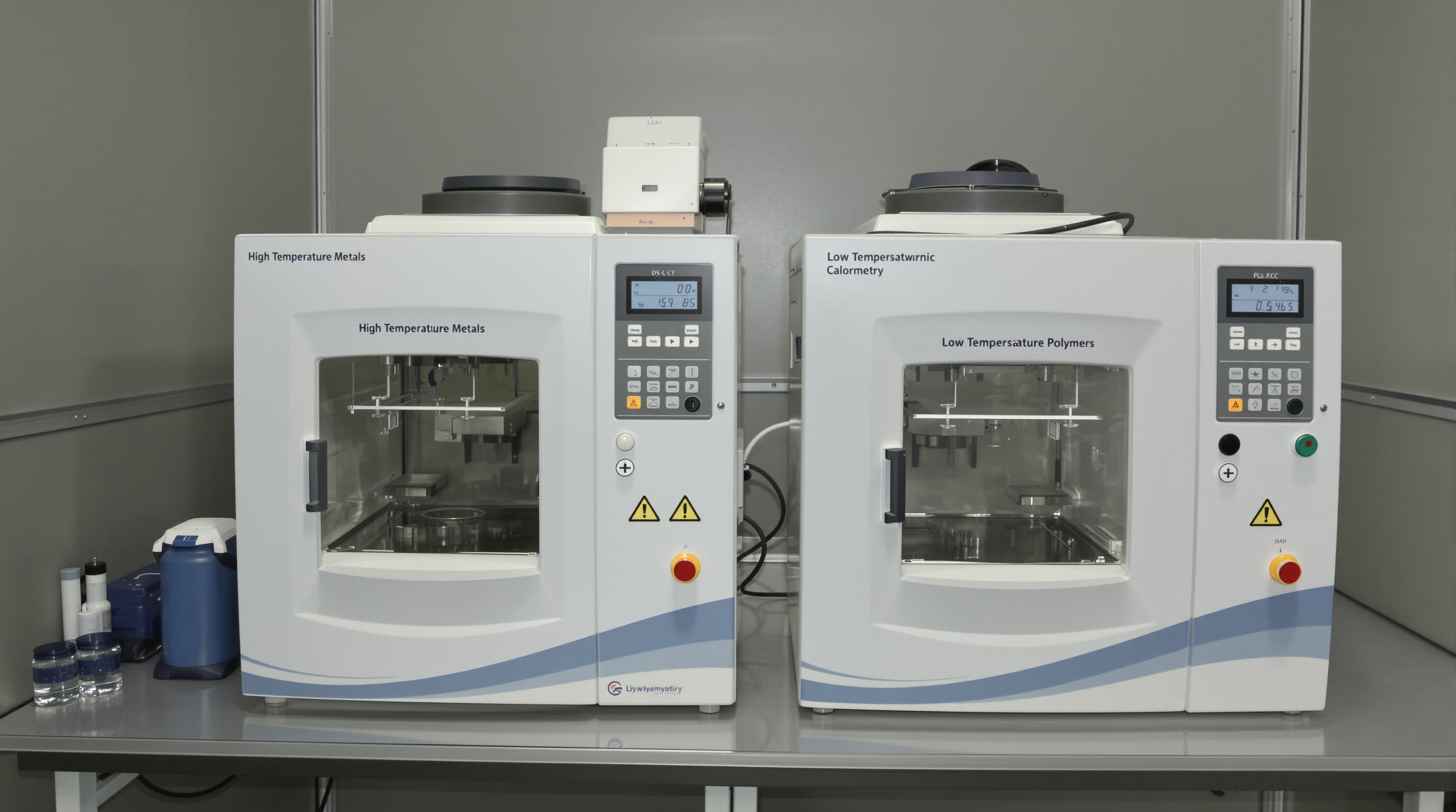 Photorealistic image of two DSC instruments for metal and polymer analysis, with sample pans and digital controls in a lab.