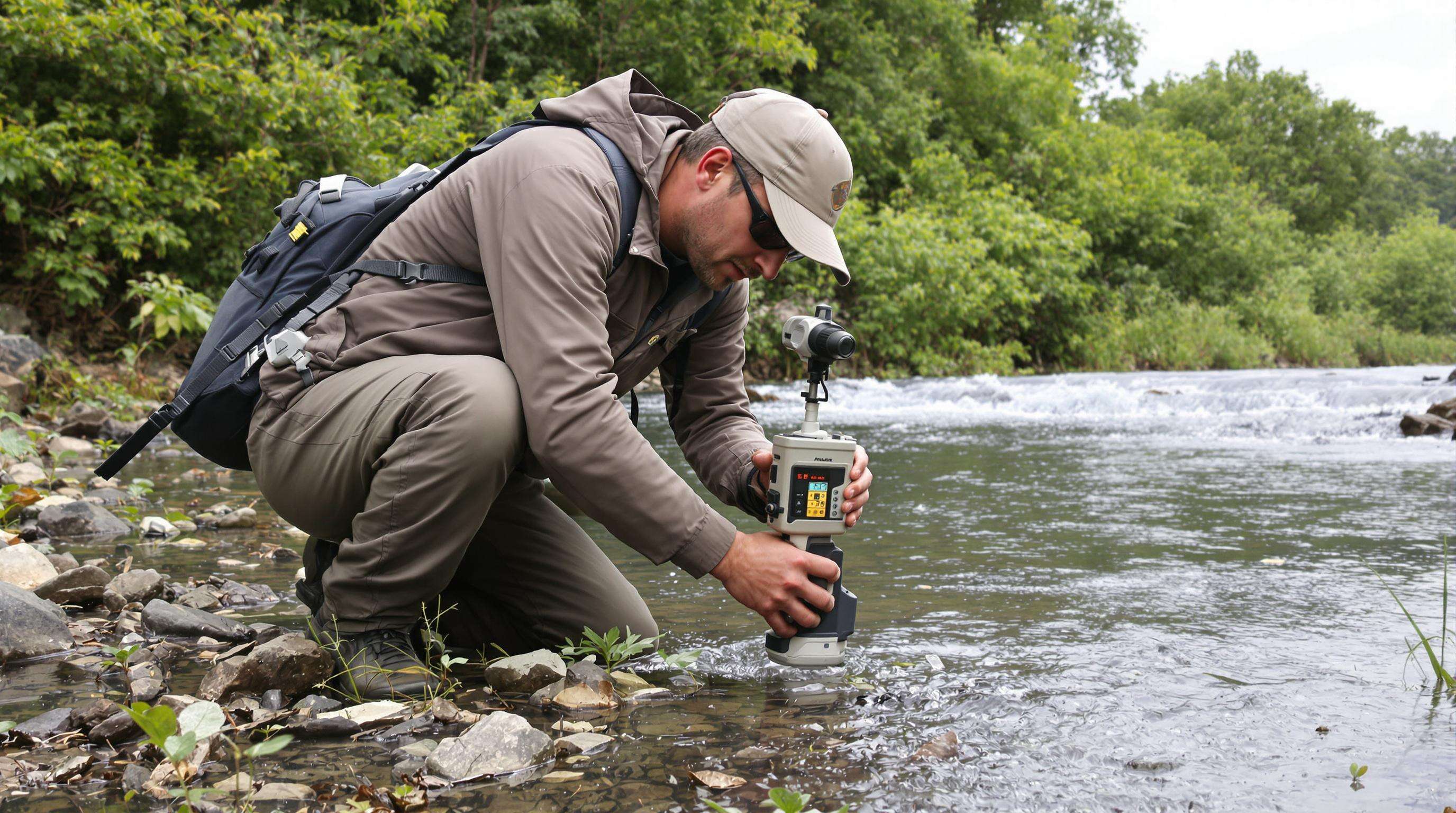 A field scientist using a portable water quality analyzer by a natural stream with trees in the background