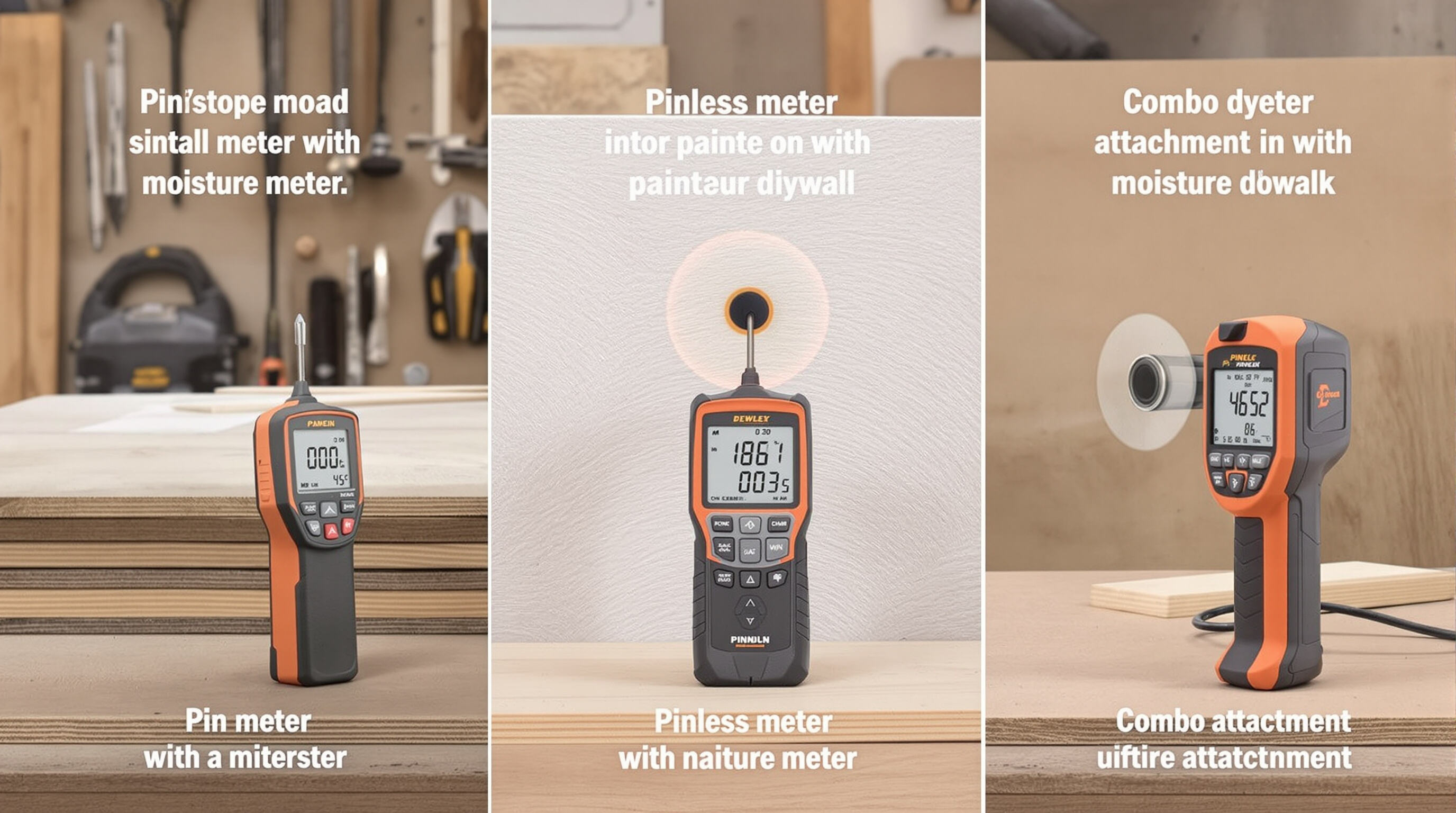 Three types of moisture meters—pin, pinless, and combo—demonstrated on wood and drywall in a workshop setting