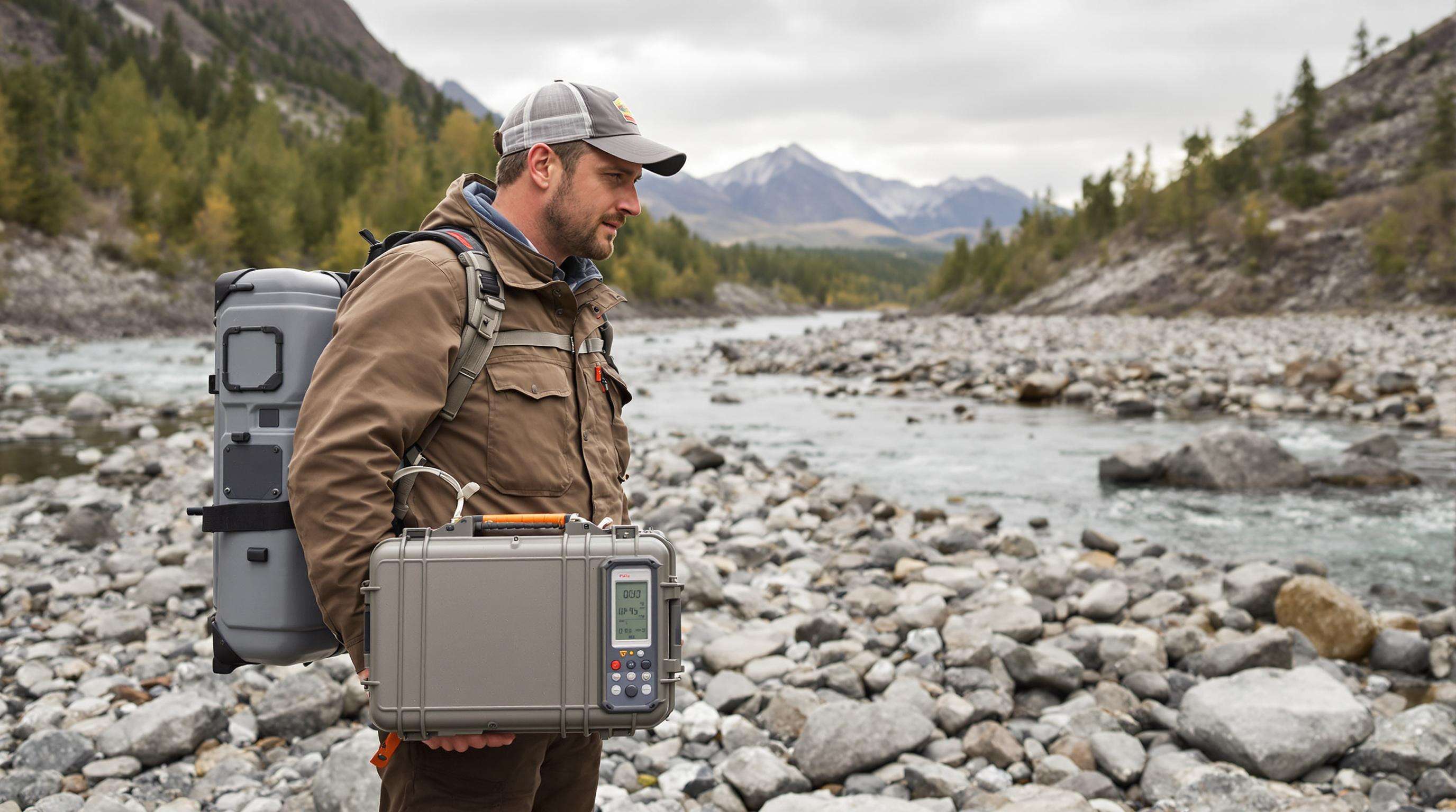 Engineer with portable water testing equipment on a riverbank, highlighting field instrument portability