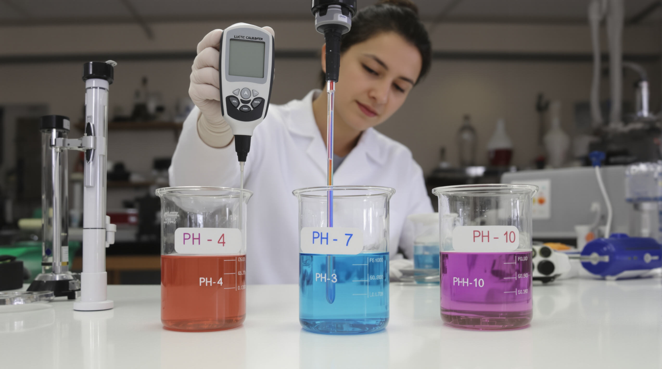 Lab technician calibrating a pH meter with colored buffer solutions and a temperature probe in a modern laboratory.
