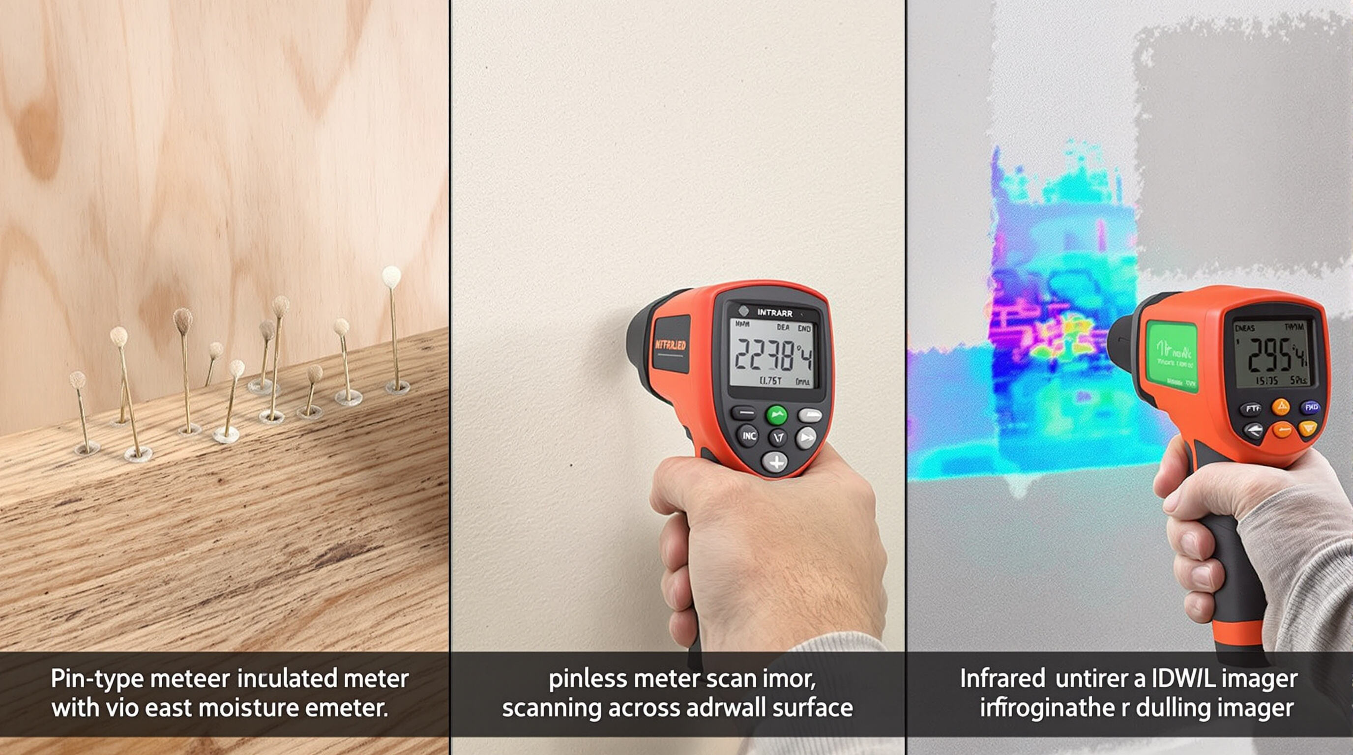 Photorealistic comparison of pin-type, pinless, and infrared moisture meters being used on wood and drywall.
