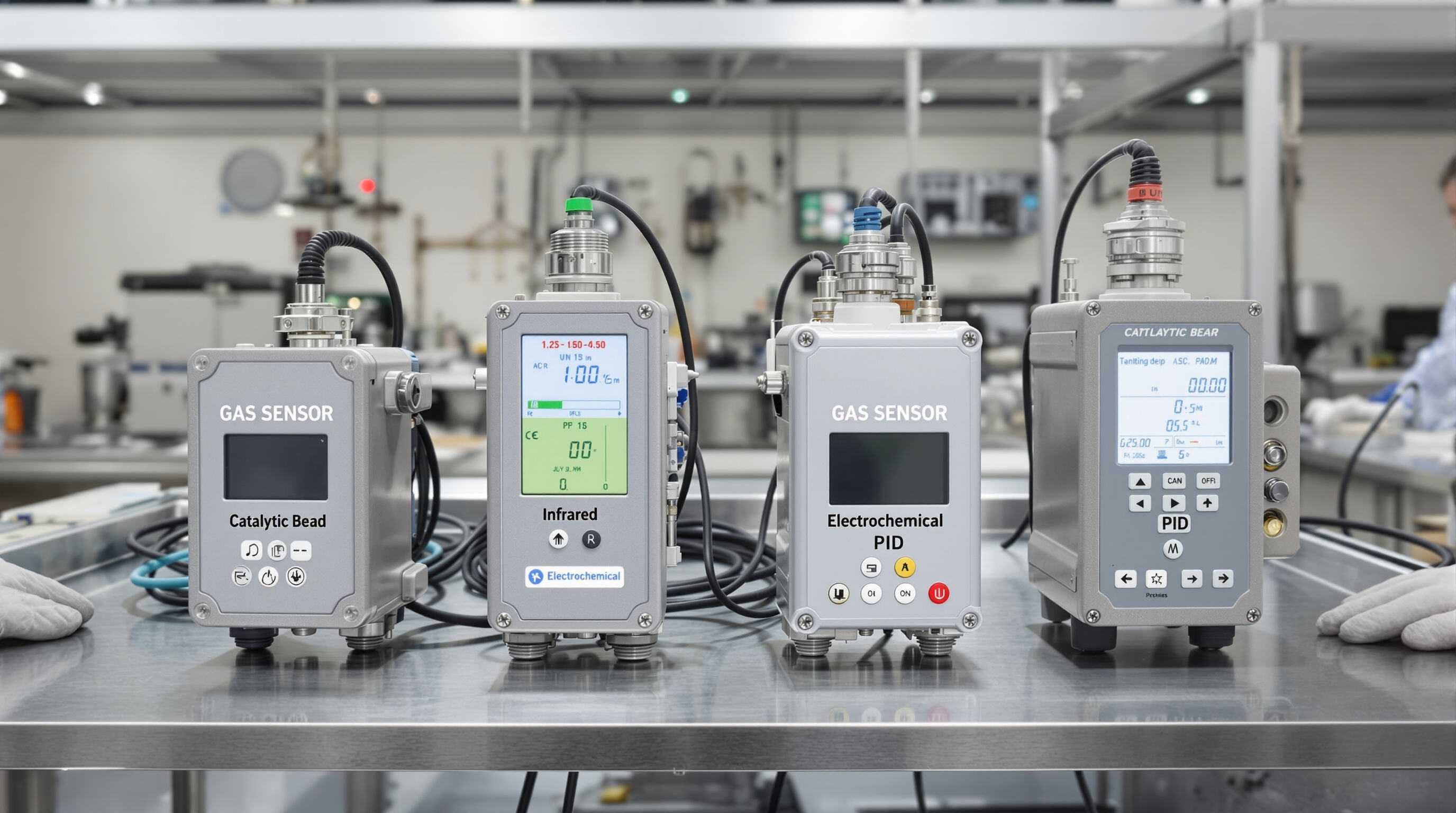 Various industrial gas sensors arranged on a lab workbench being adjusted by gloved hands