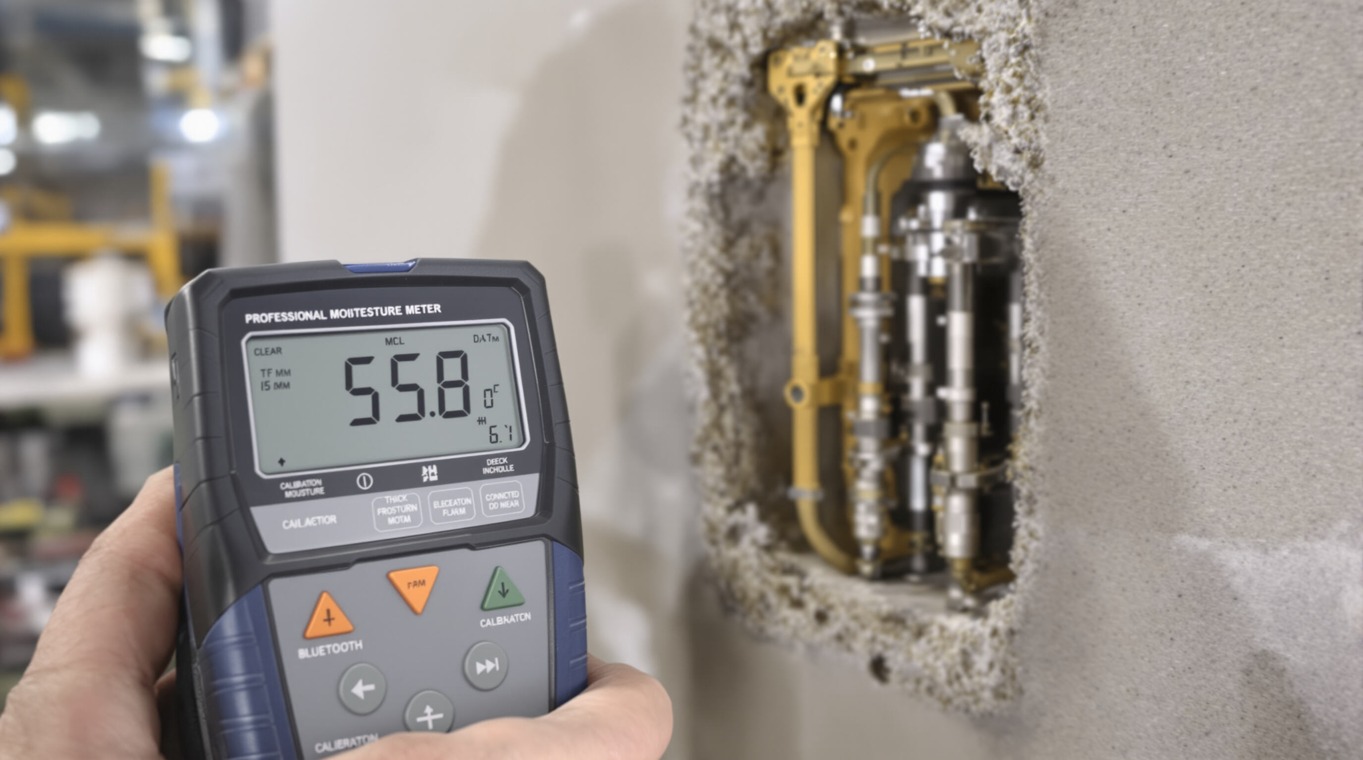 Technician using a professional-grade moisture meter with display and sensors on a concrete slab in an industrial environment