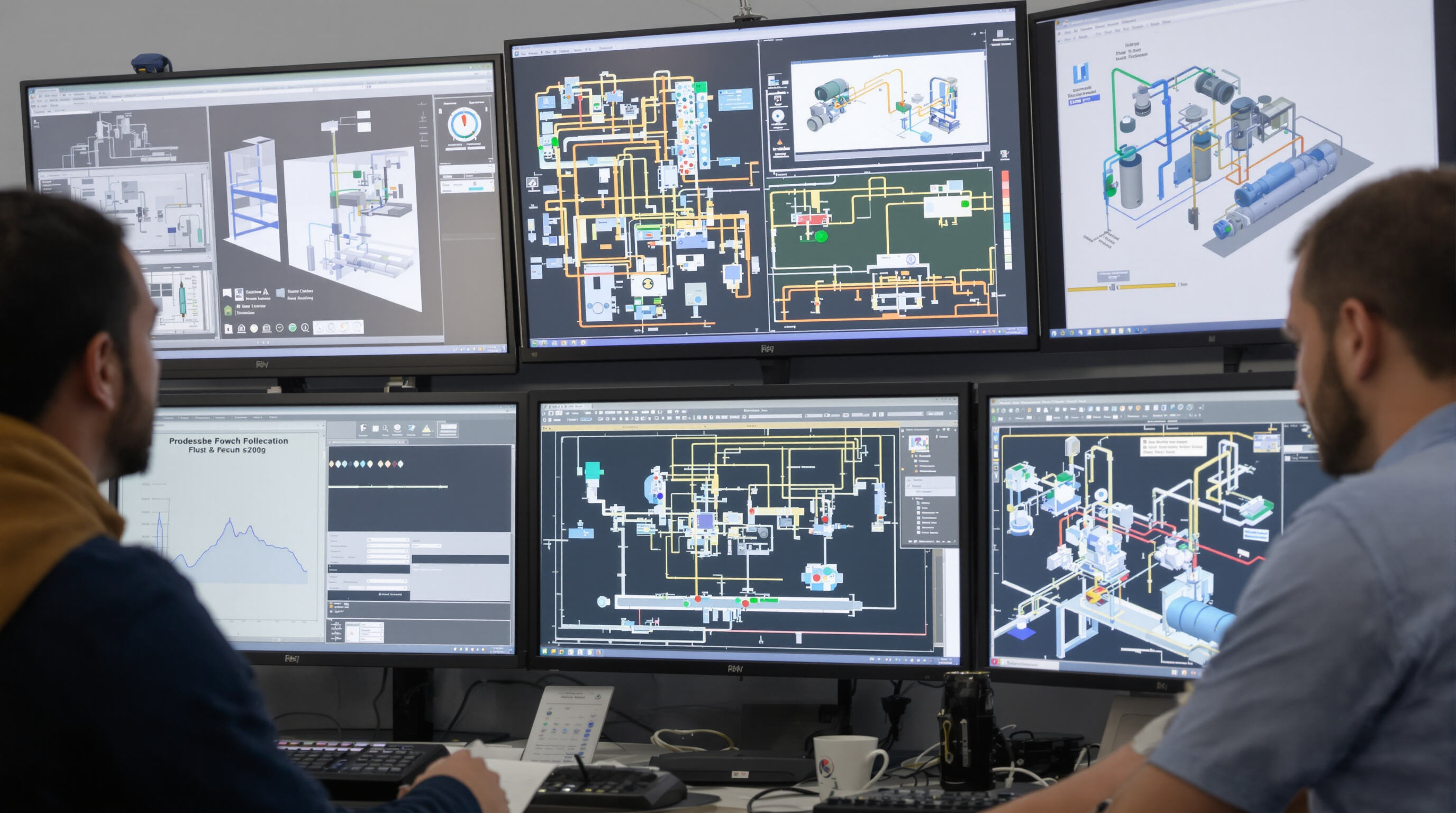 Process engineers examining process simulation models on large screens in a high-tech control room