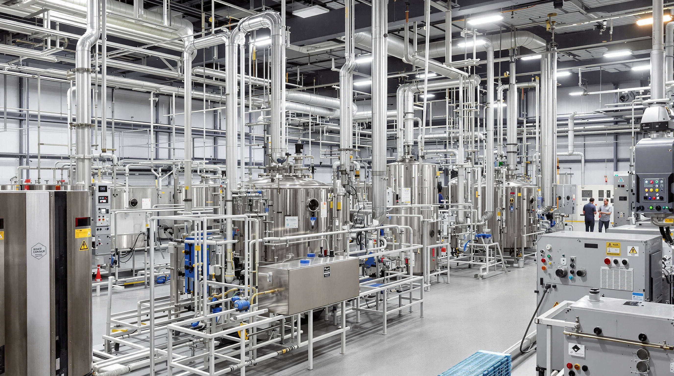 Engineers monitoring control panels in a modern chemical plant with modular reactors and efficient equipment layout