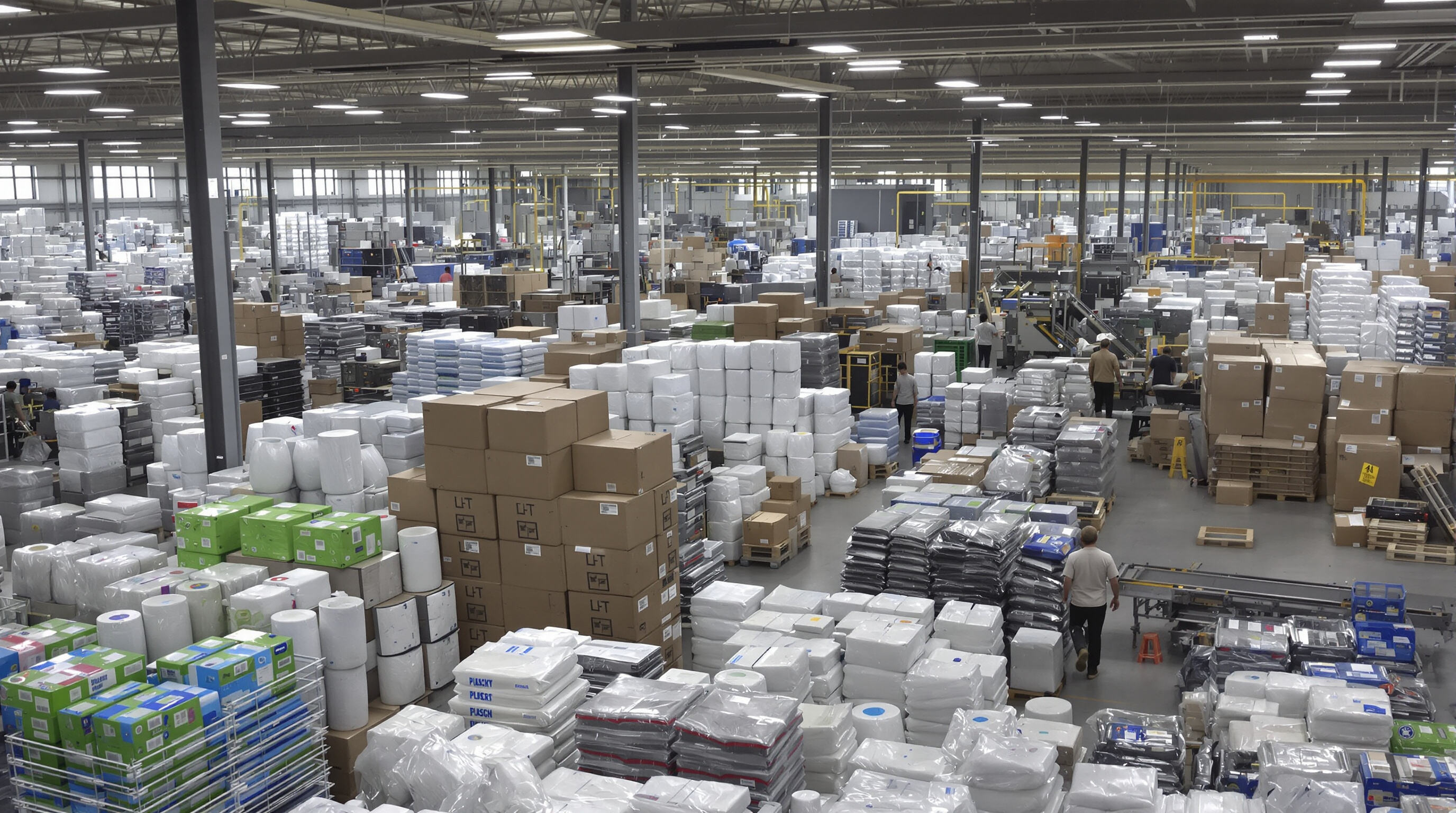 Warehouse interior with workers and conveyor belts among piles of plastic products representing global plastic production