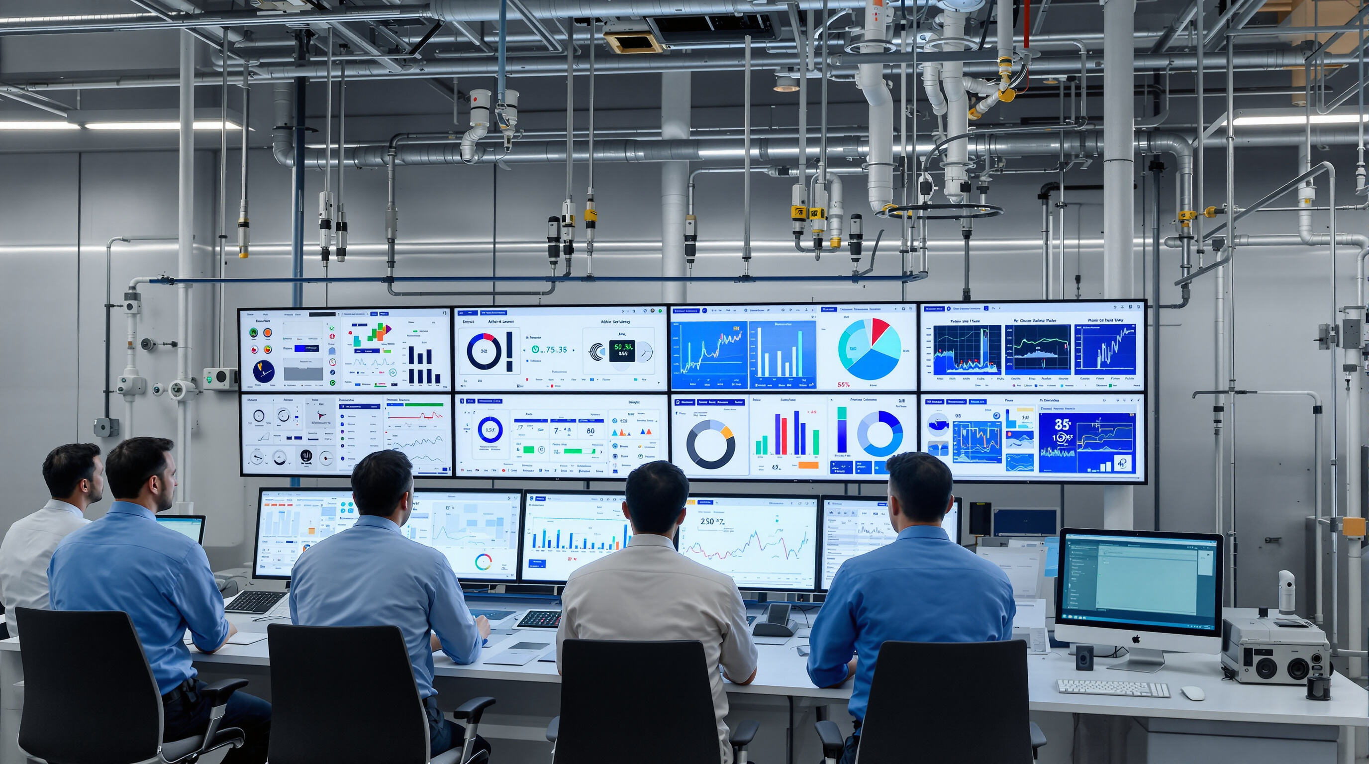 Engineers in a control room overseeing real-time AI process optimization in a chemical plant