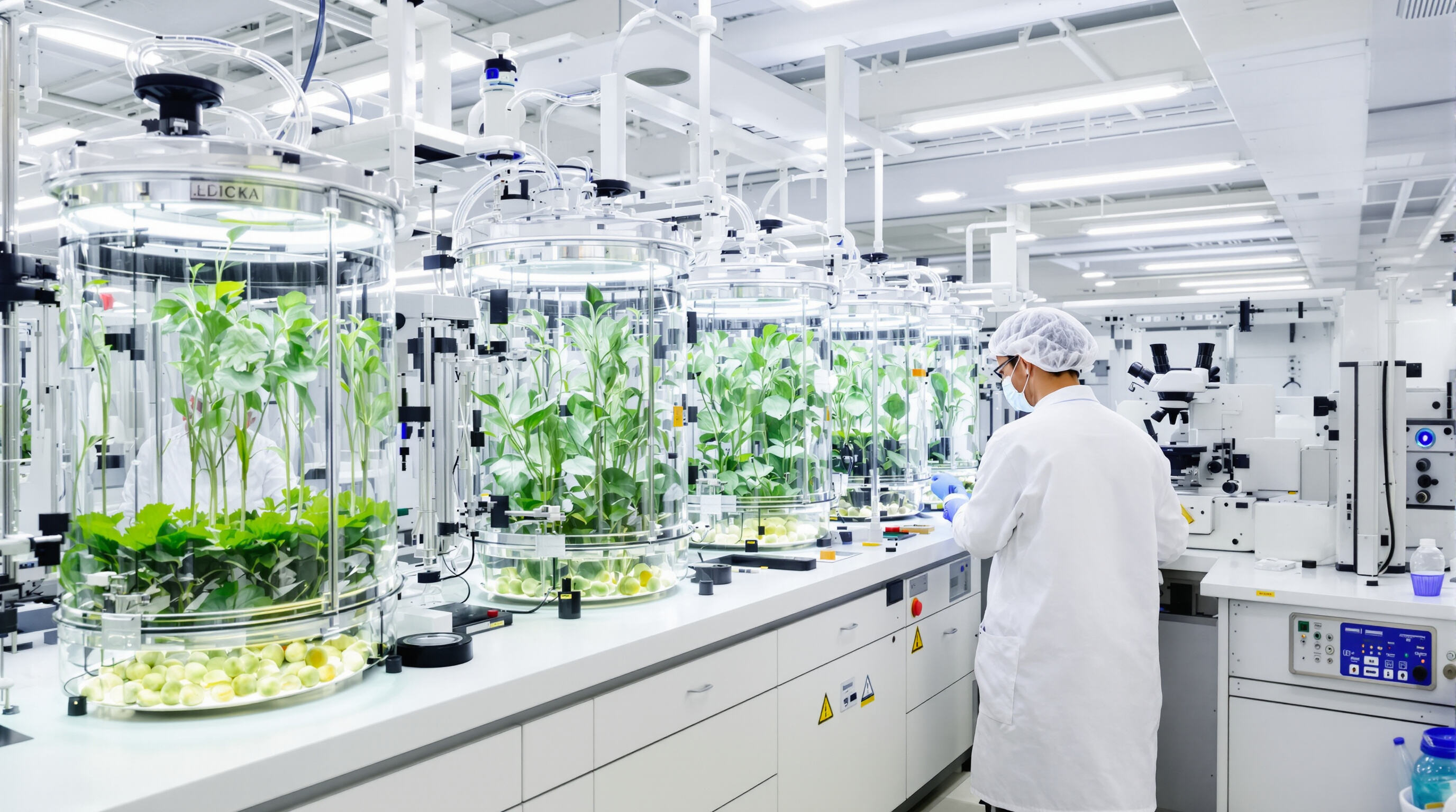 Scientists in a biotechnology lab working with bioreactors and plant-based materials