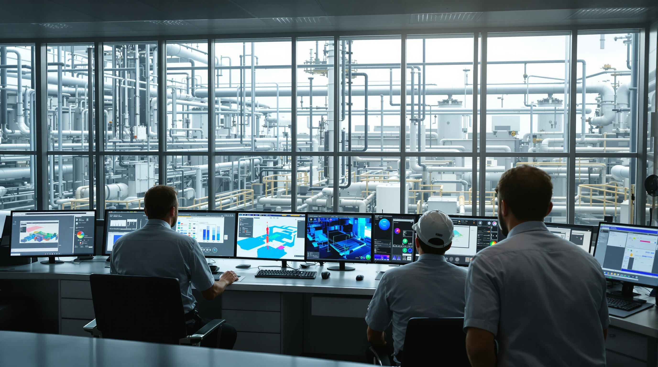 Engineers in a control room monitoring digital twin visualizations of a chemical plant with real-time data