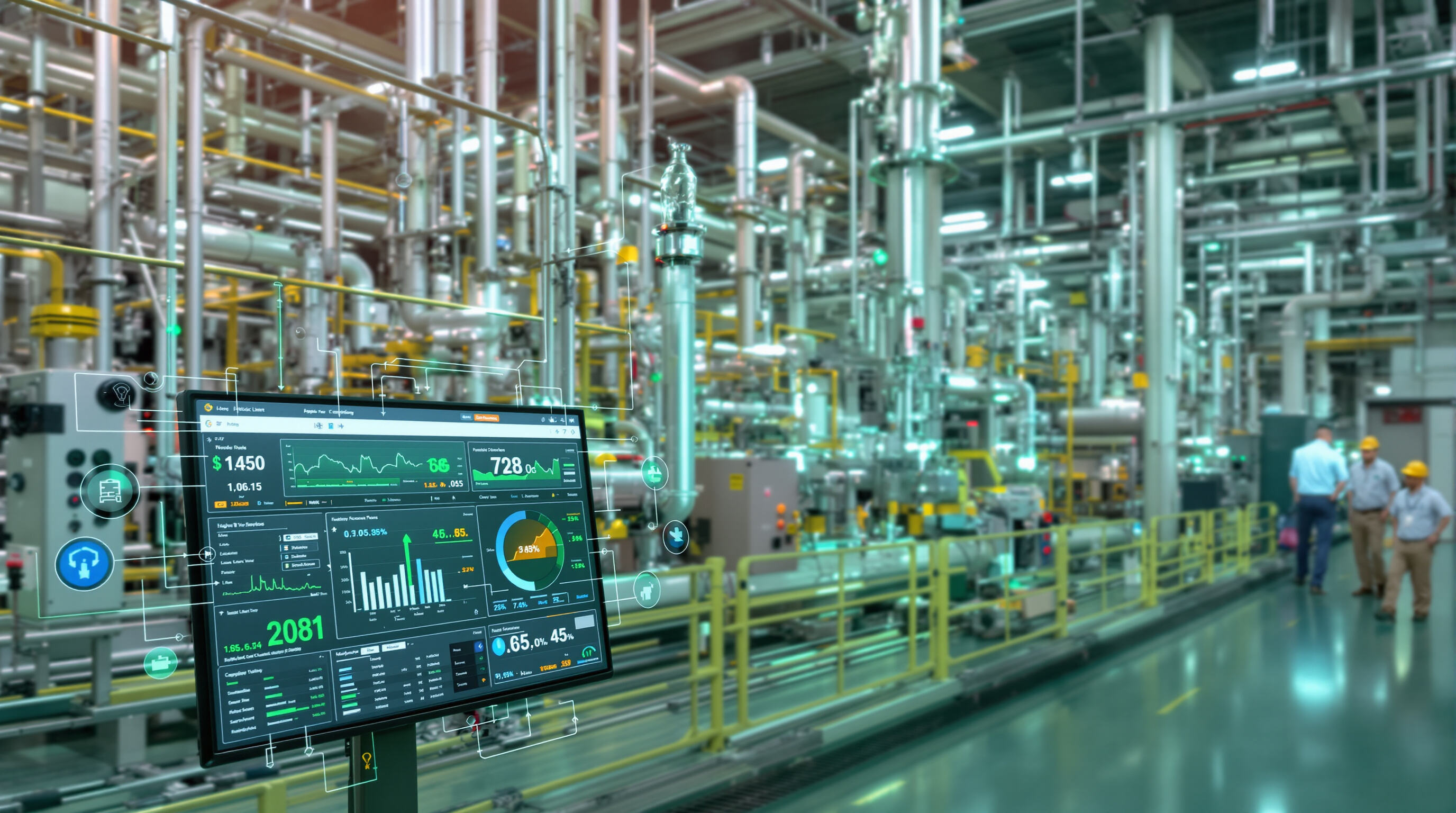 Chemical plant workspace with IoT sensors and a digital dashboard showing live equipment data.