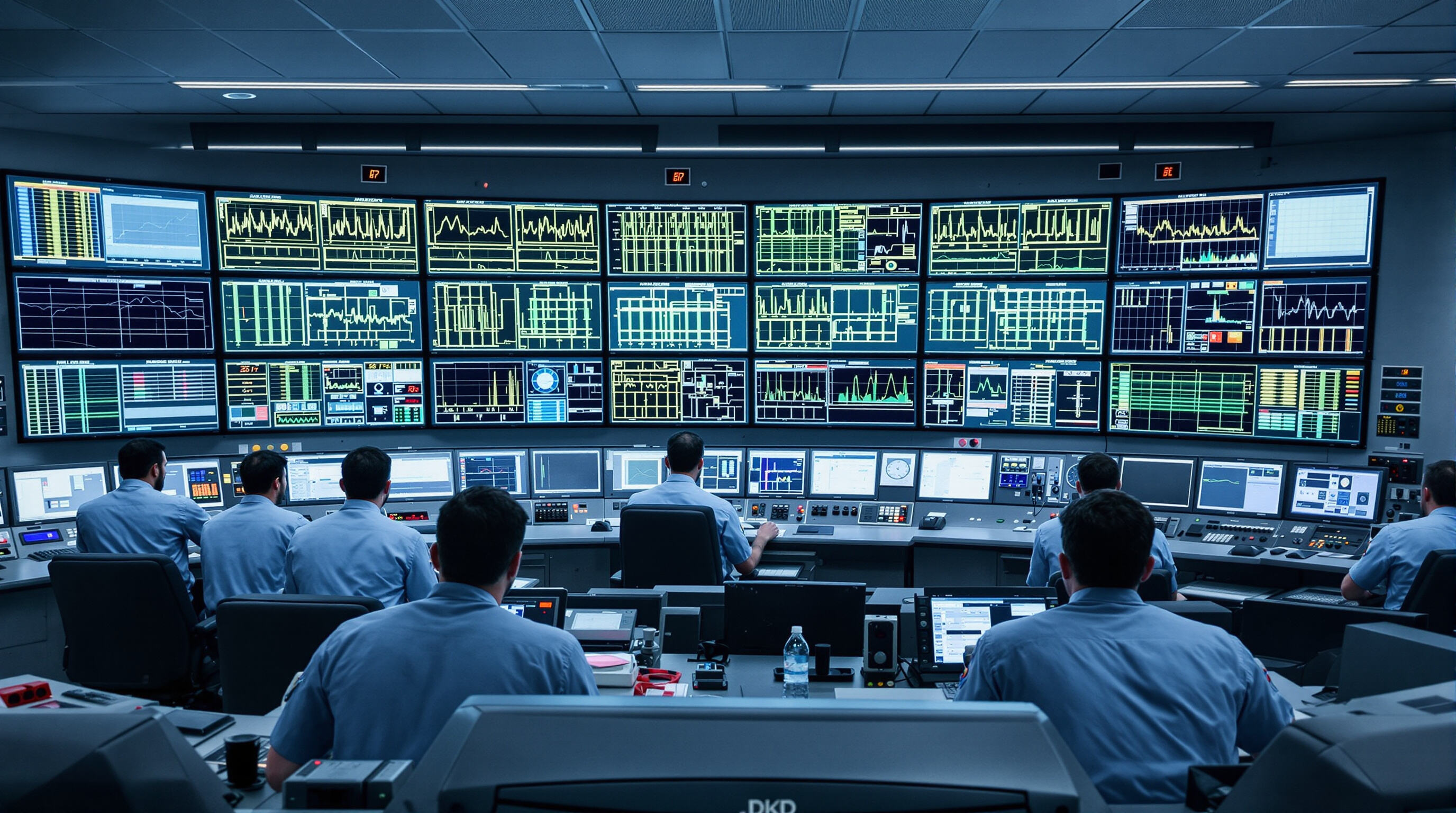 Engineers and operators monitoring chemical plant control systems in a high-tech control room.