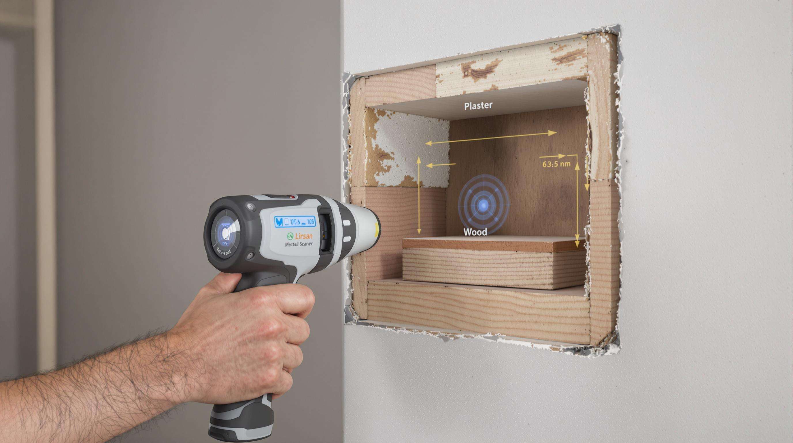Technician calibrating a wall scanner on a cutaway wall showing layers and embedded sensors