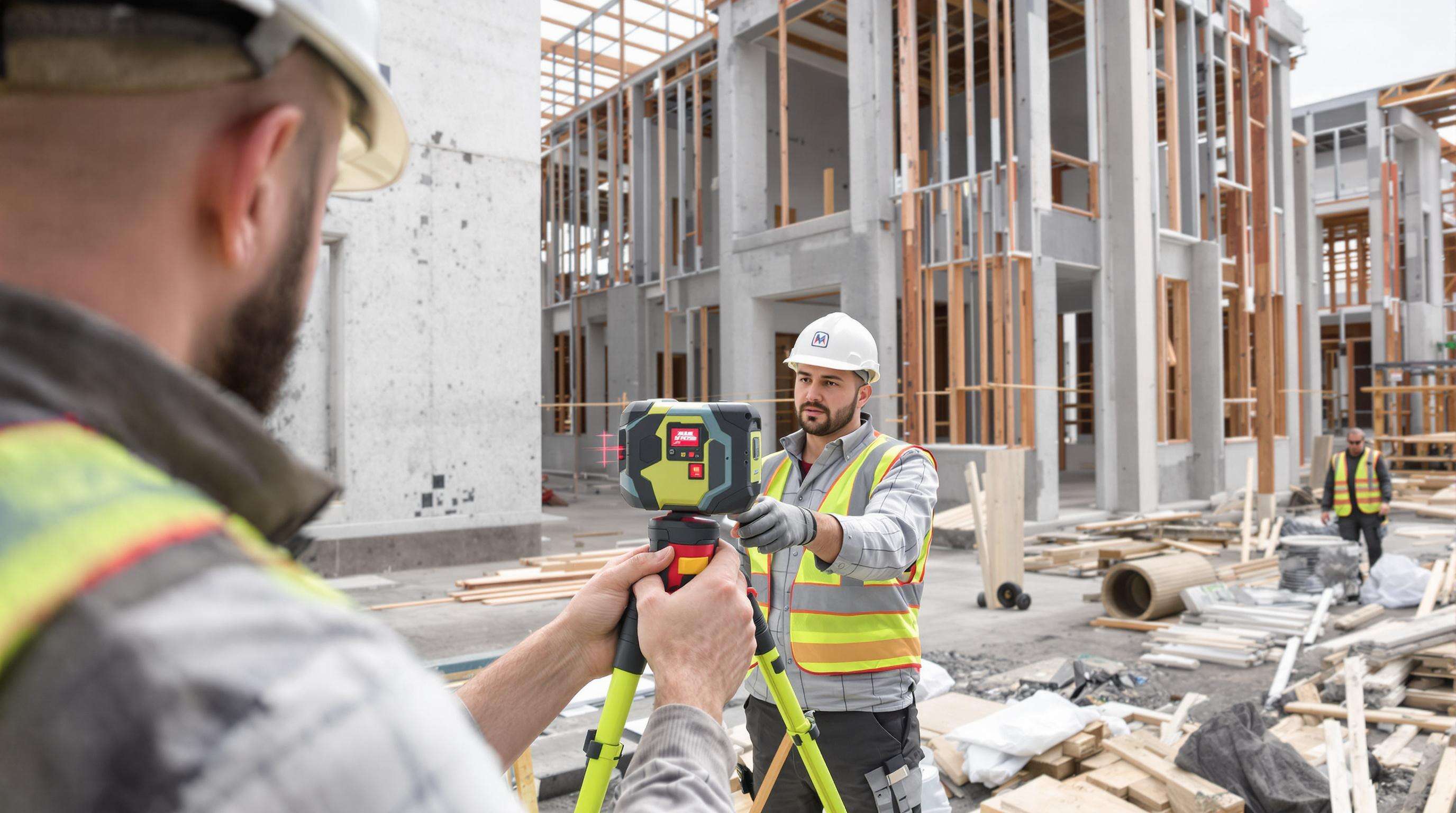 Engineer using handheld laser measure device to measure construction framing on a building site