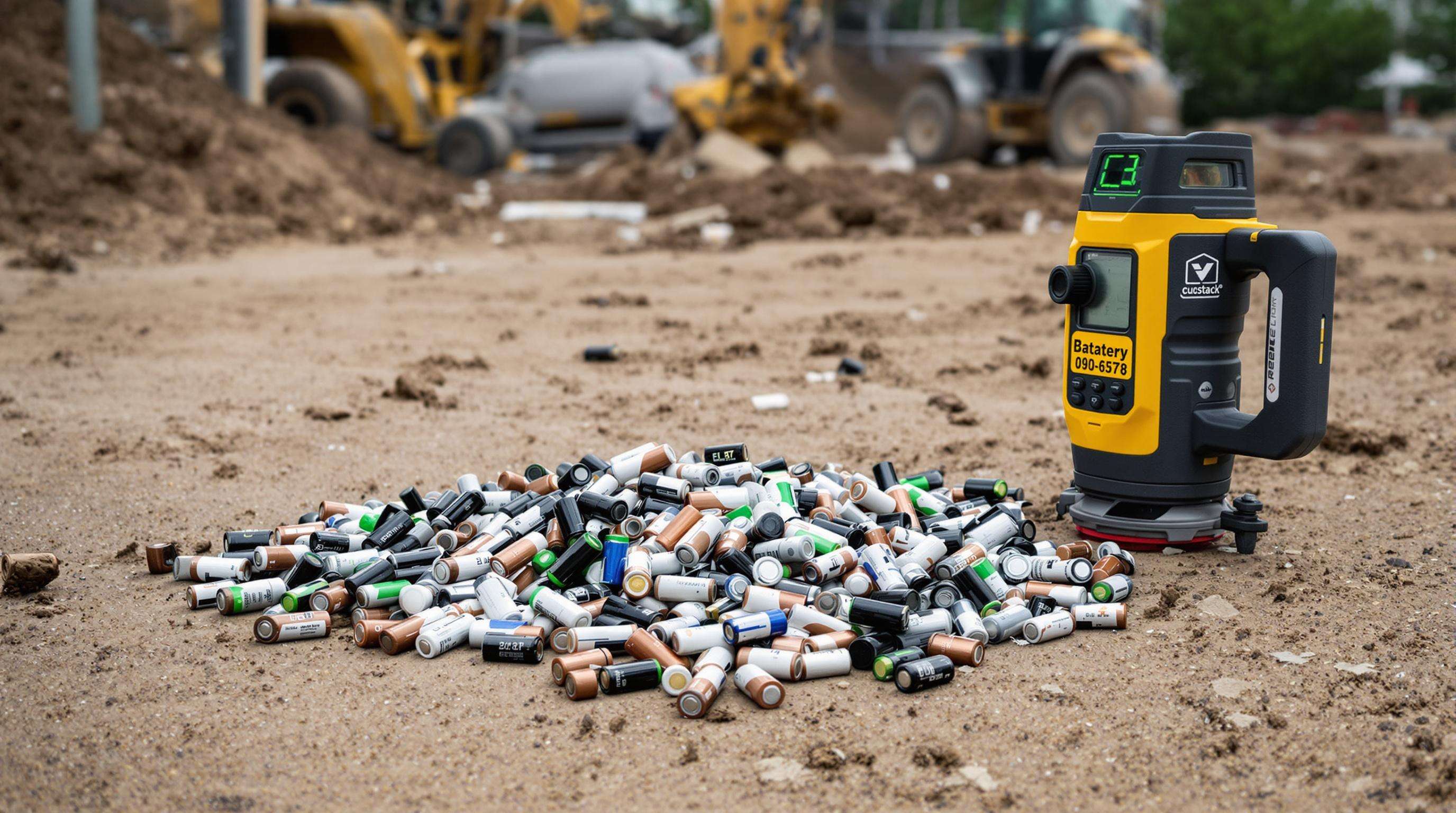 Used disposable batteries scattered near a laser measure tool on the ground at a construction site