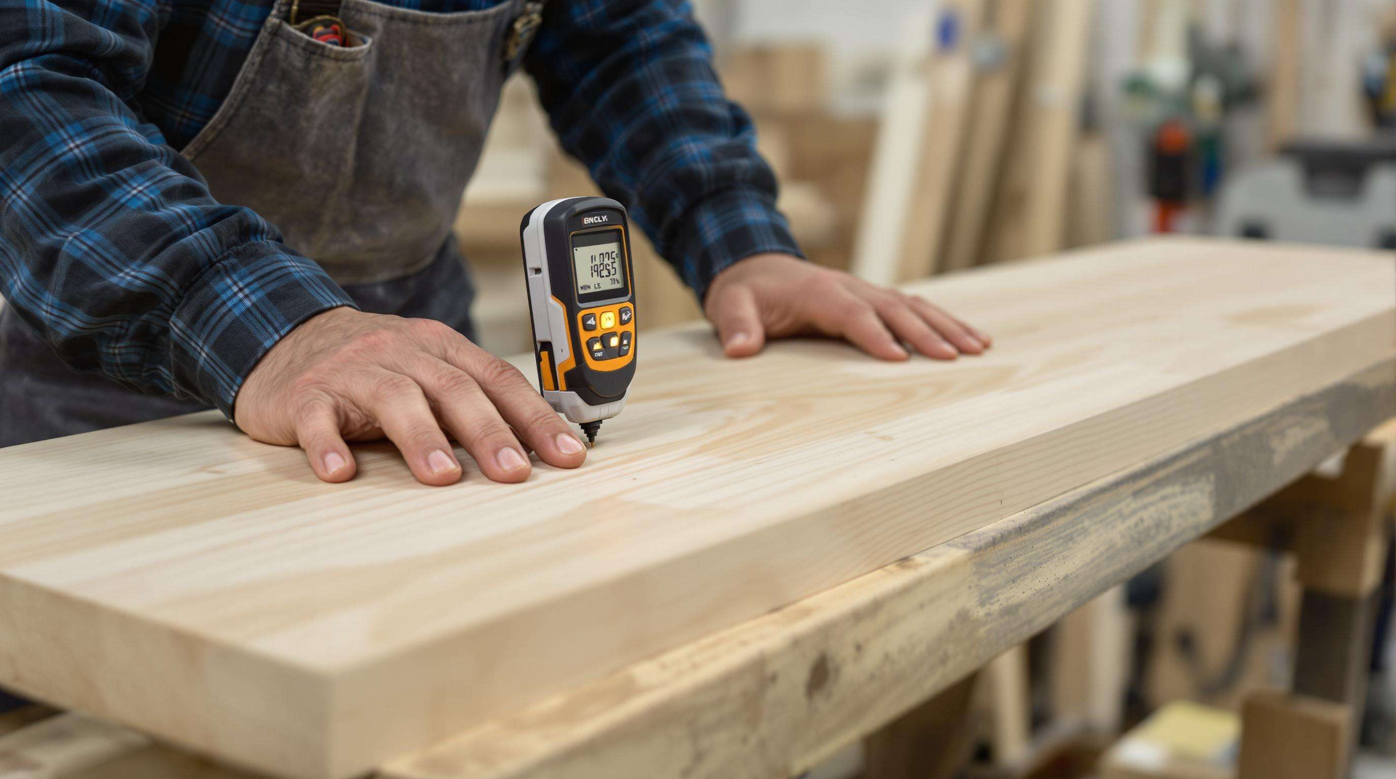 Technician scans a wooden board with a pinless moisture meter in a workshop