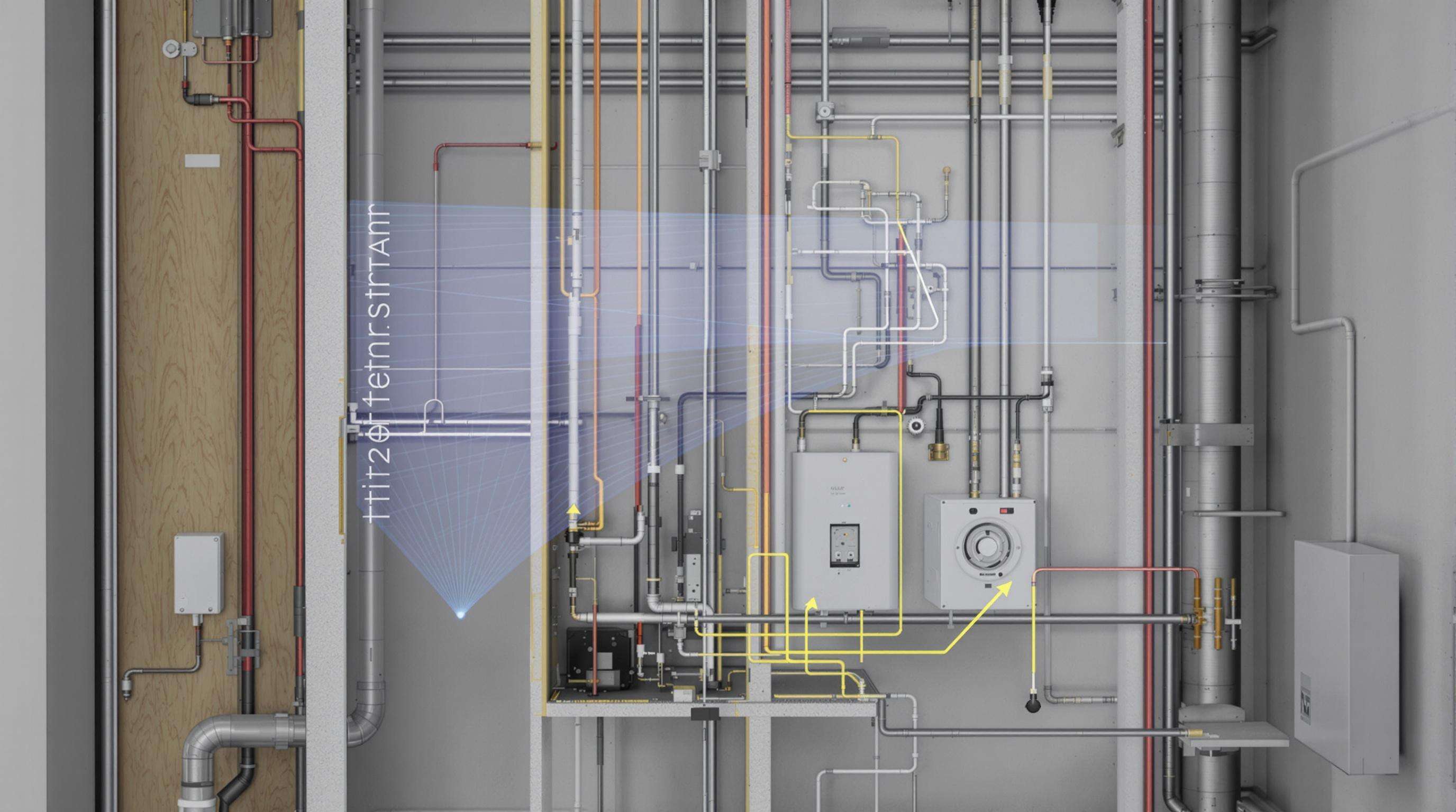 Wall scanner in use with wall cutaway showing pipes, wires, and air gaps inside complex wall structure