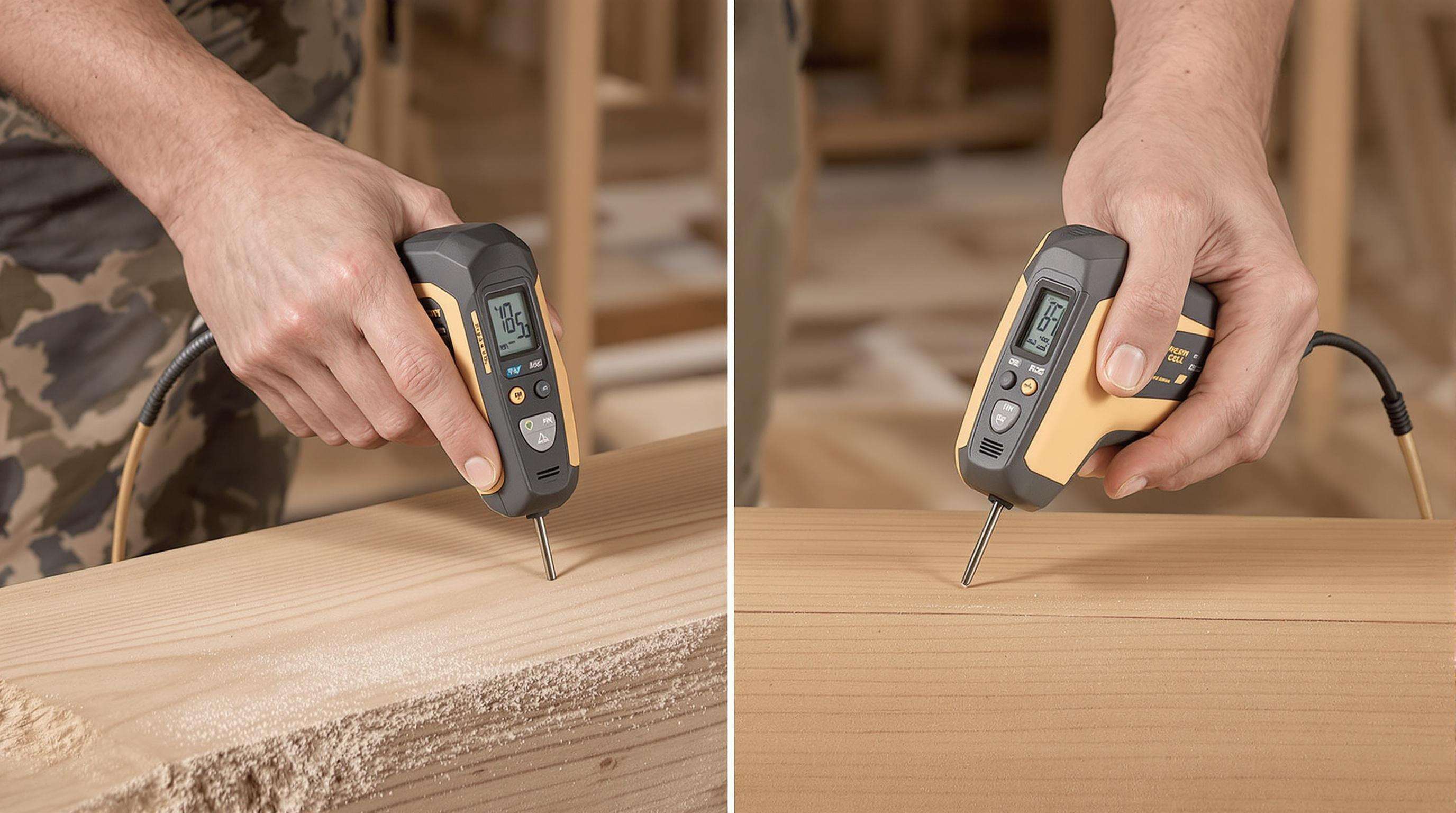 Two hands using pin-type and pinless moisture detectors on timber in a construction environment