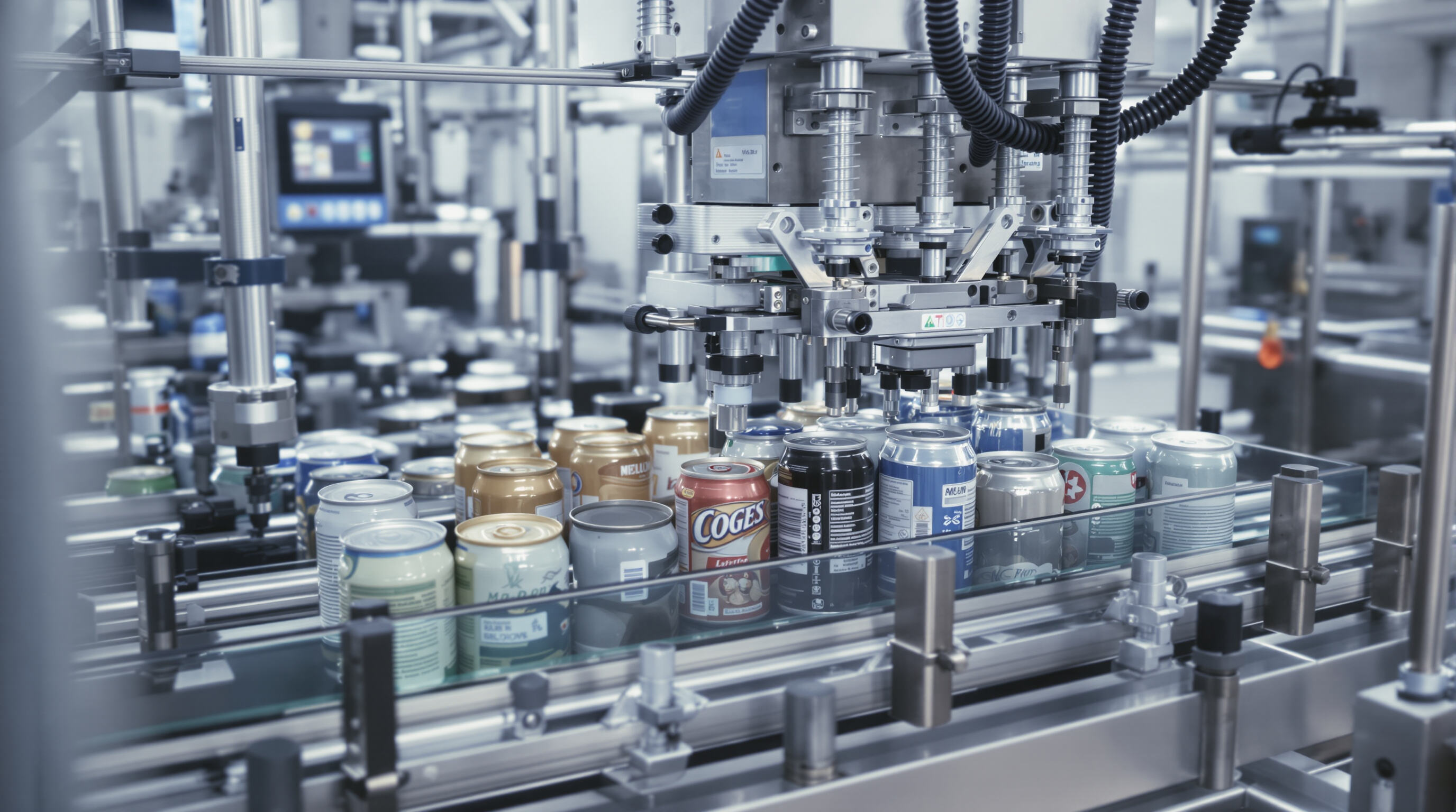A can filling machine adapting to different can sizes and shapes on a factory floor