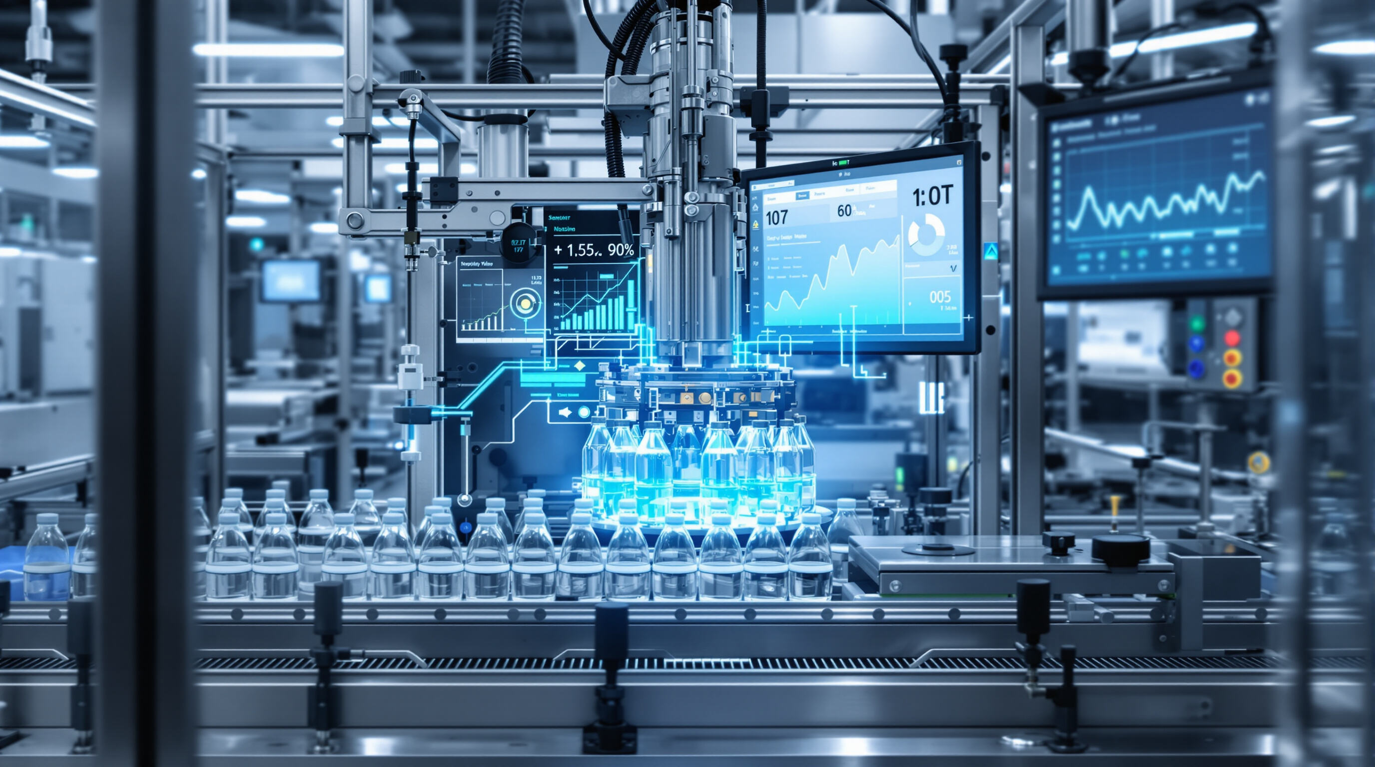 A smart bottling machine with IoT integration, showcasing real-time monitoring and data analytics on a dashboard.